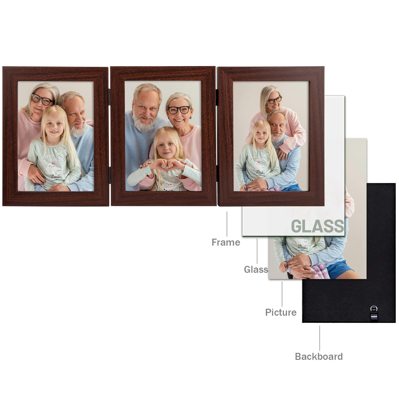 Frametory 5x7 Triple Picture Frame Set - Walnut Hinged Trifold Photo Collage with Glass Front for Tabletop Display (2 Pack) | Perfect for Family Photos, Wedding Memories, and Home Decor