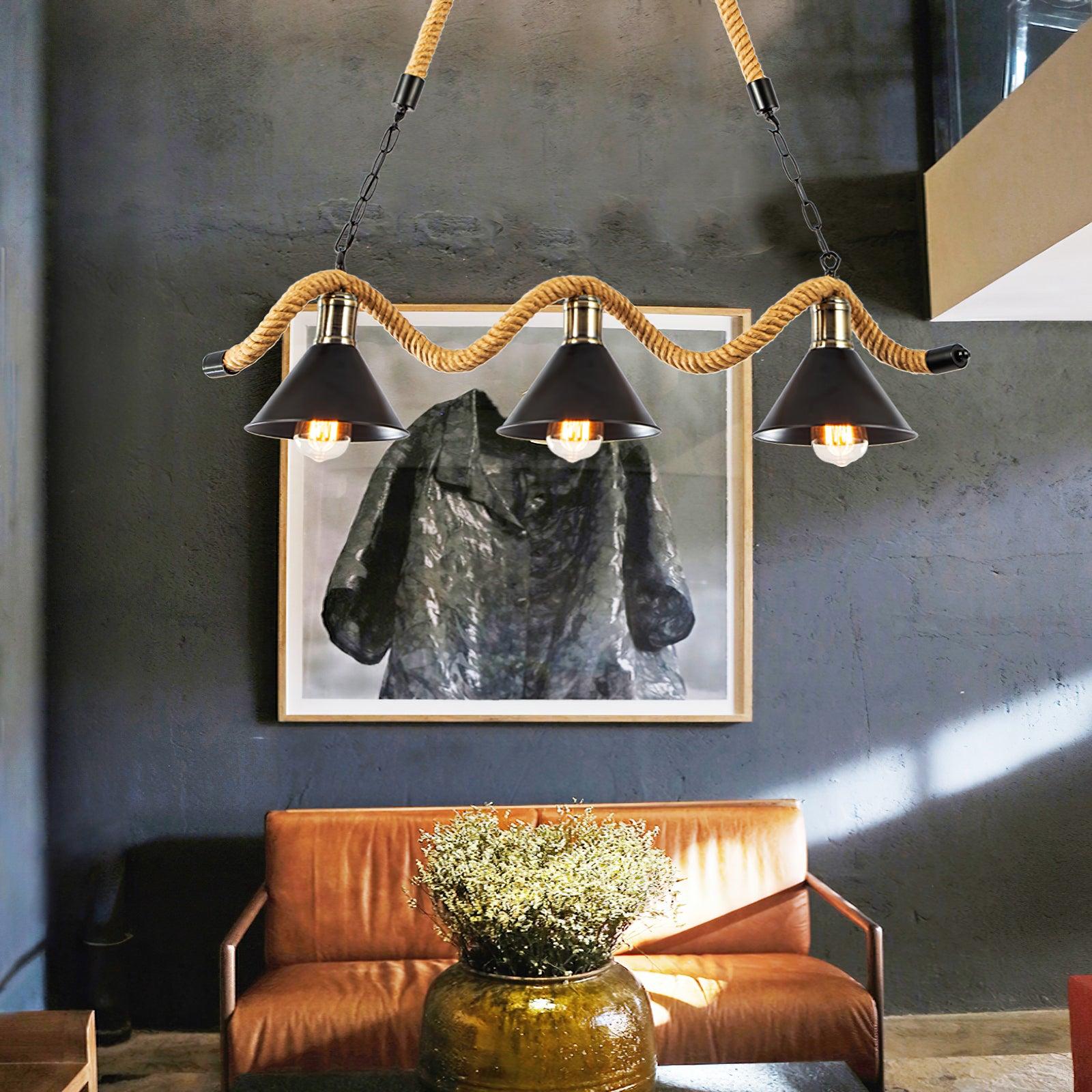 Industrial Hemp Rope Wave Chandelier - Handmade Boho Ceiling Light Fixture for Living Room, Bedroom, or Dining Room Decor