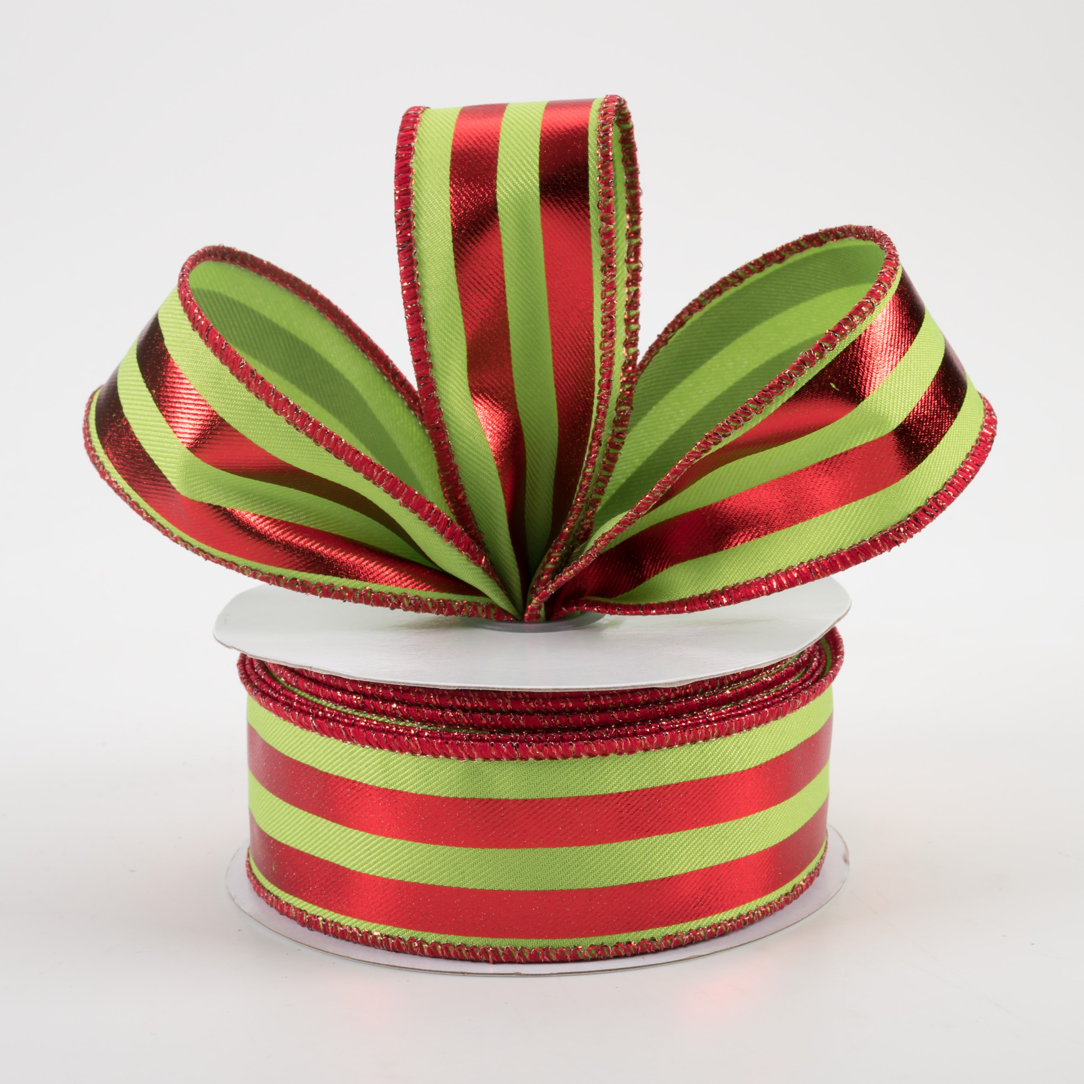 1.5 Inch Metallic Vertical Stripes Ribbon - Lime Green & Red Decorative Ribbon (10 Yards) for Gift Wrapping, DIY Crafts, Party Decorations and Scrapbooking