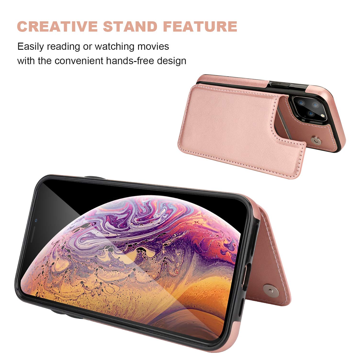 Premium PU Leather Wallet Case for iPhone 11 Pro Max (6.5 Inch) - RFID Blocking Card Holder with Kickstand, Double Magnetic Closure & Shockproof Protection - Rose Gold | Perfect for Business, Travel & Everyday Use