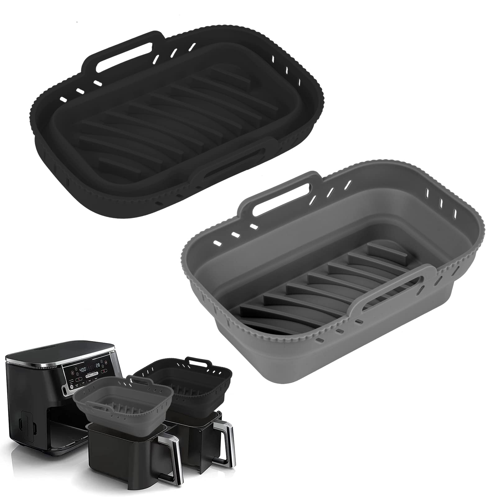 Non-Stick Air Fryer Silicone Liners - 7.56 Inch Collapsible Baking Trays for Small Air Fryers (2 Pack, Grey & Black) | Reusable, Easy Clean Accessories for Healthy Cooking & Meal Prep