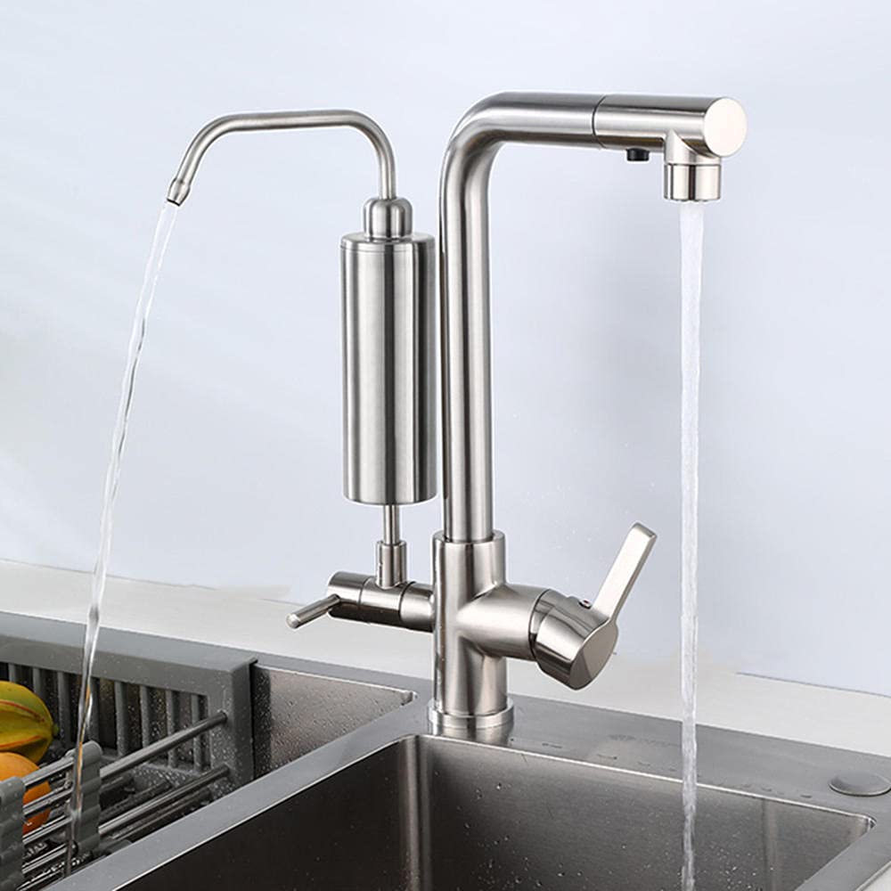 3-Way Pull-Out Spray Kitchen Faucet with Water Purifier & Filter, 360° Rotation Brushed Brass Finish, Ideal for Modern Home Cooking & Dishwashing