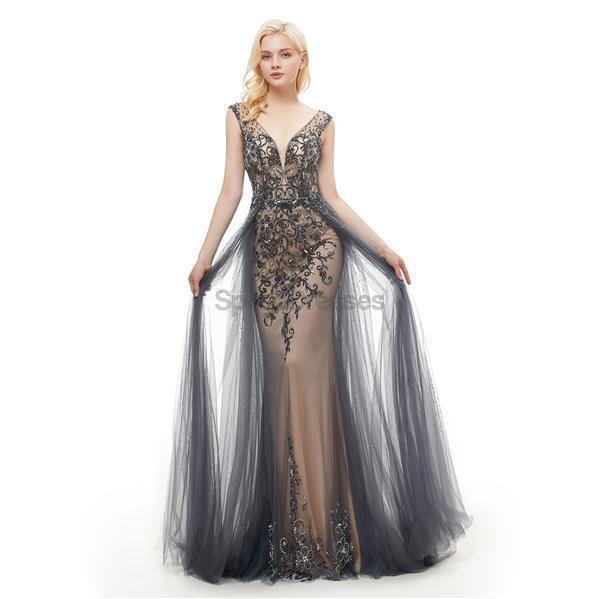 Elegant Grey V-Neck Open Back Beaded A-Line Evening Prom Dress for Women - Perfect for Formal Parties, Homecoming, and Special Occasions