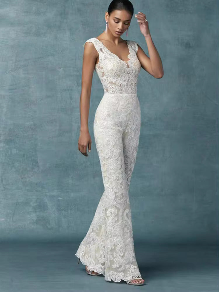 Elegant Lace Jumpsuit Wedding Dress with Detachable Train - Bride Pants Suit for Romantic Ceremony & Reception