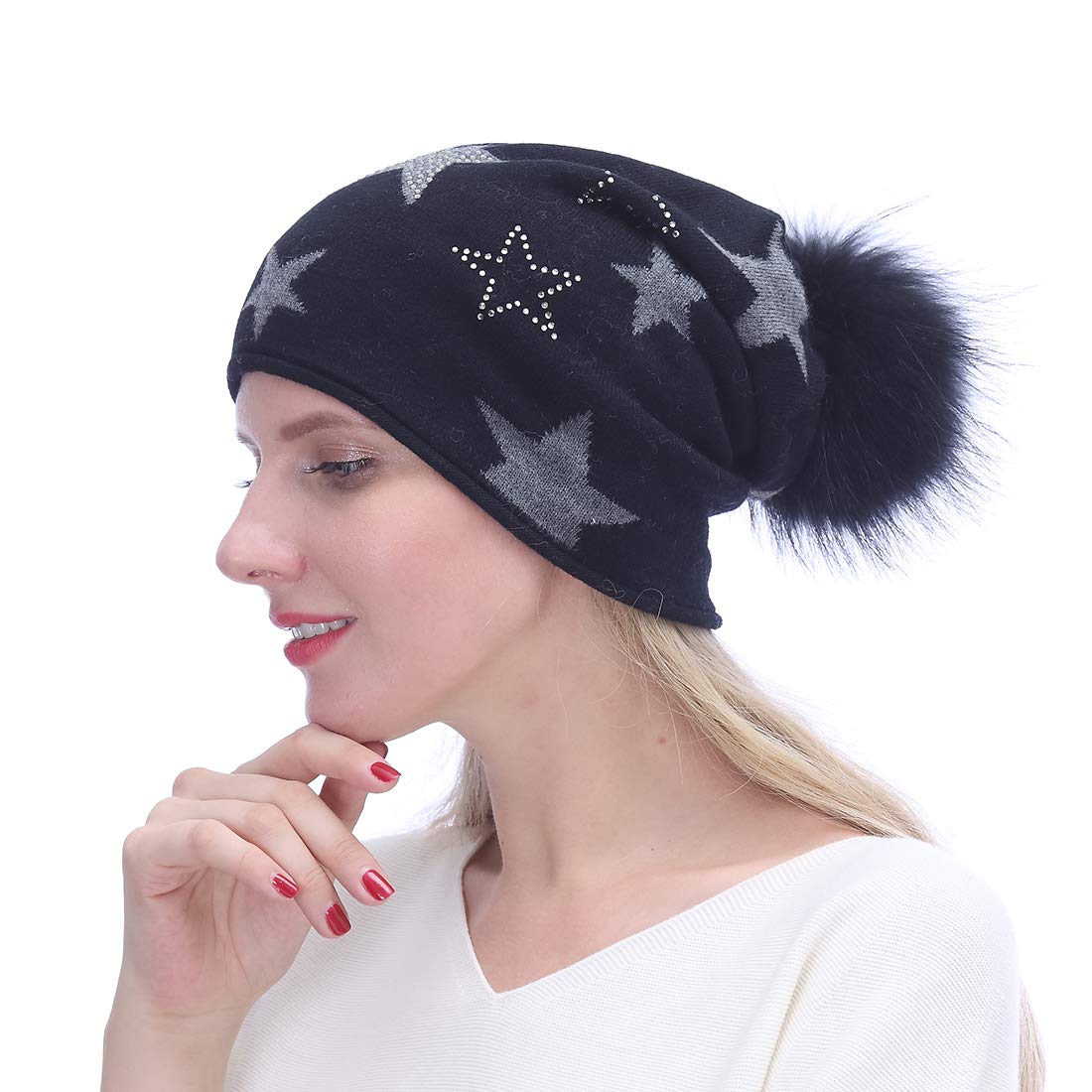 Women's Lightweight Cashmere Blend Knit Slouchy Beanie Hat with Faux Fur Pom Pom - Winter Warm Soft Stretchy Hat for Outdoor Activities, Skiing, Snowboarding & Casual Wear