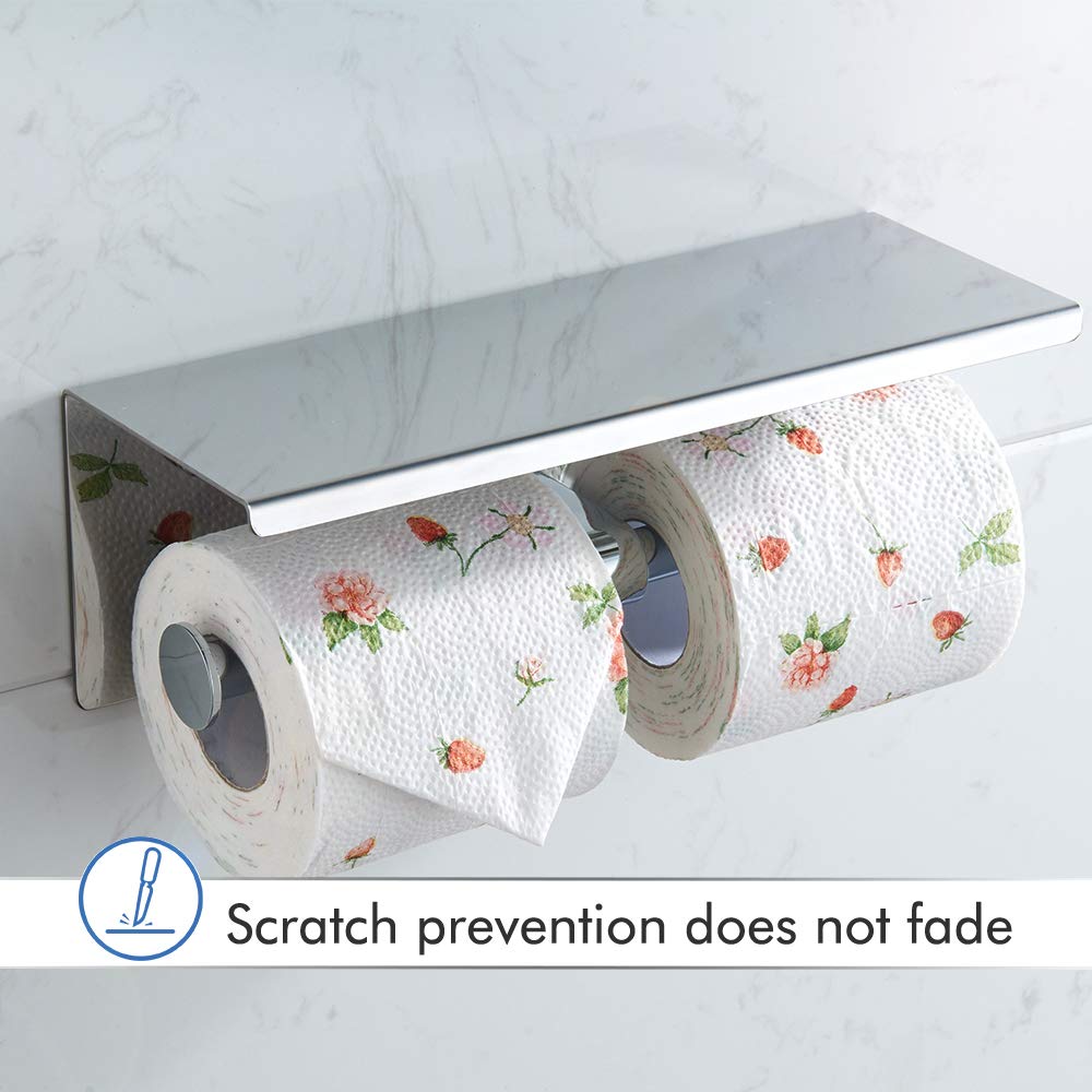 Premium 304 Stainless Steel Double Toilet Paper Holder with Shelf - Brushed Nickel Wall Mounted Bathroom Tissue Roll Dispenser | Space Saving Modern Design for Bathroom, Kitchen & RV