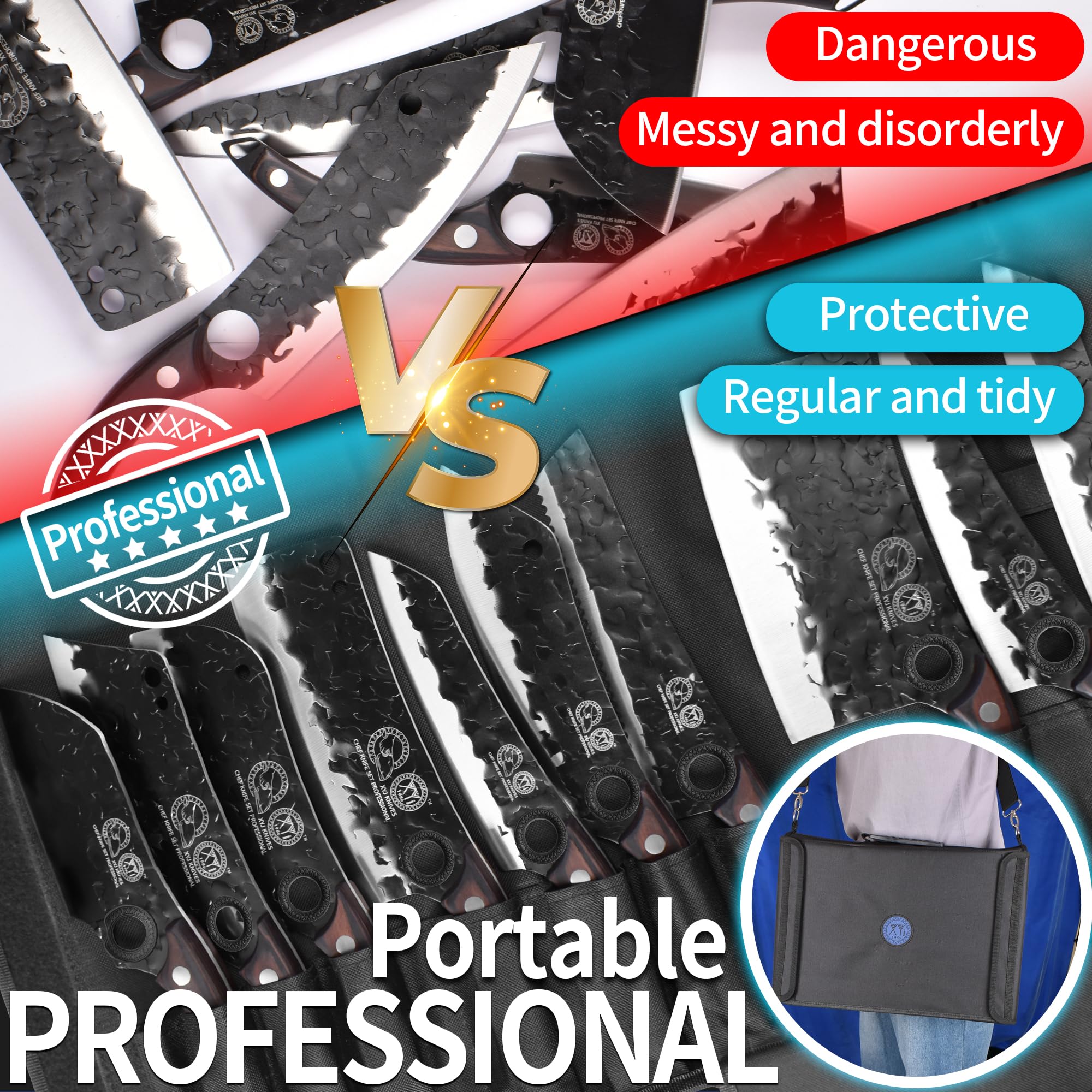XYJ Professional Kitchen Knife Set - 6-Piece High-Carbon Steel Forged Chef Knives with Full Tang Design (Chef Knife, Cleaver, Carving Knife, Nakiri) Includes Carrying Case & Poultry Shears - Perfect for Home Cooking, Professional Chefs & Meat Processing