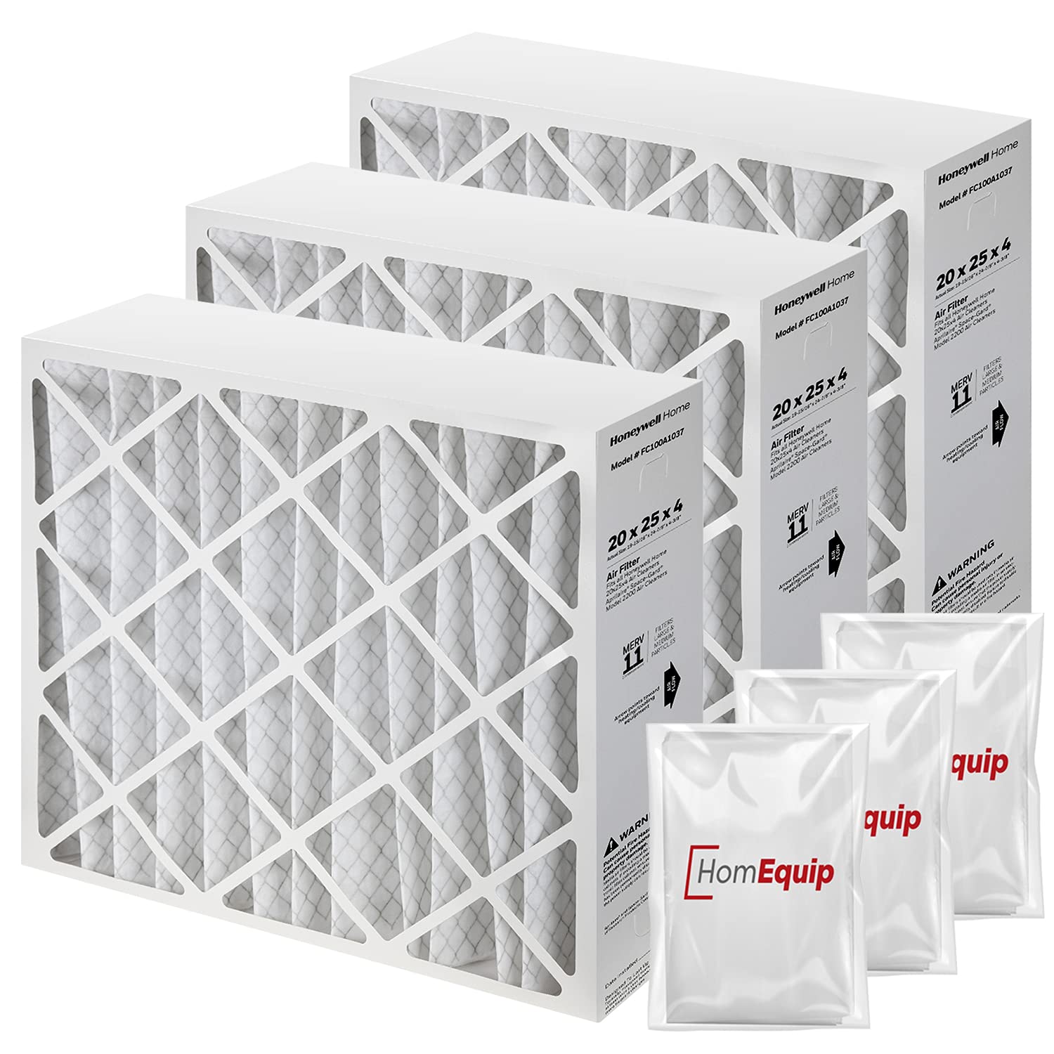 Honeywell FC100A1037 20x25x4 MERV 11 Air Filter Replacement - 3 Pack with Disposal Bags (19.94x24.86x4.38 Inches) for HVAC, Furnace & AC Units - Improves Indoor Air Quality in Homes & Offices
