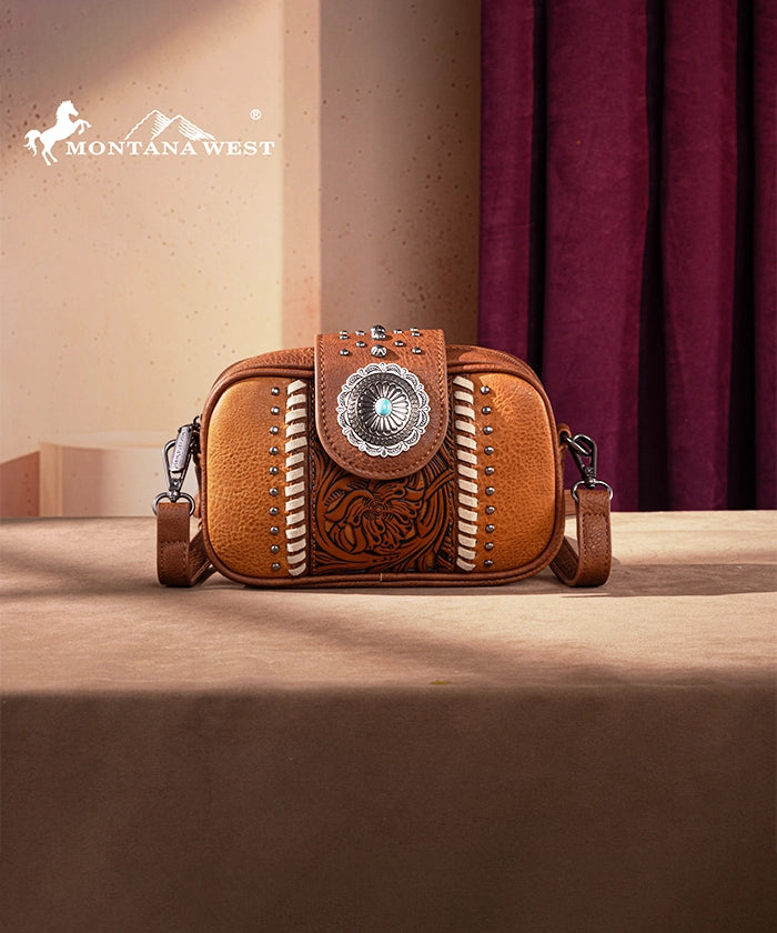Montana West Genuine Leather Tooled Concho Crossbody Bag for Women - Stylish Western Handbag for Daily Use, Travel & Shopping