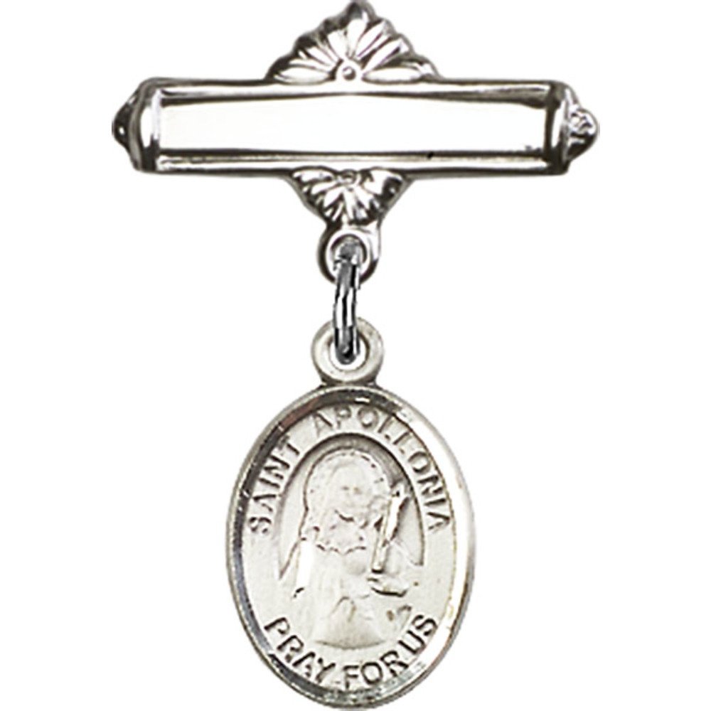 Sterling Silver Baby Badge with St. Apollonia Charm - 1 X 5/8 Inch Polished Pin - Perfect for Christening Gifts, Baby Blessings & Religious Keepsakes