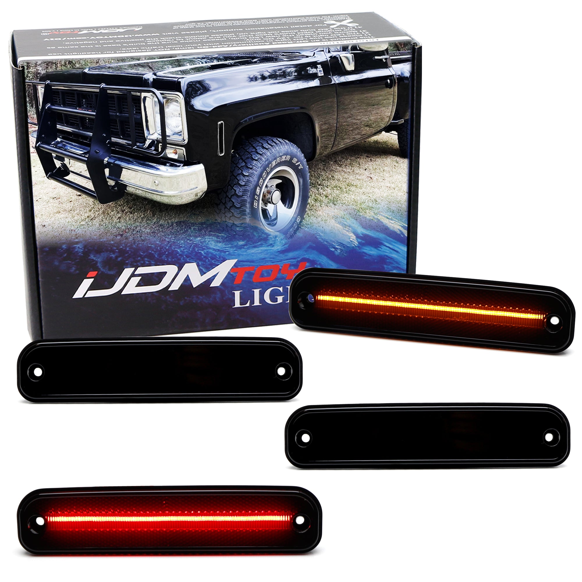 4pc Set Smoke Lens Amber/Red Full LED Side Markers for 1975-1980 Chevy GMC C/K Truck - Upgrade Lighting for Classic Pickup Trucks & Off-Road Adventures