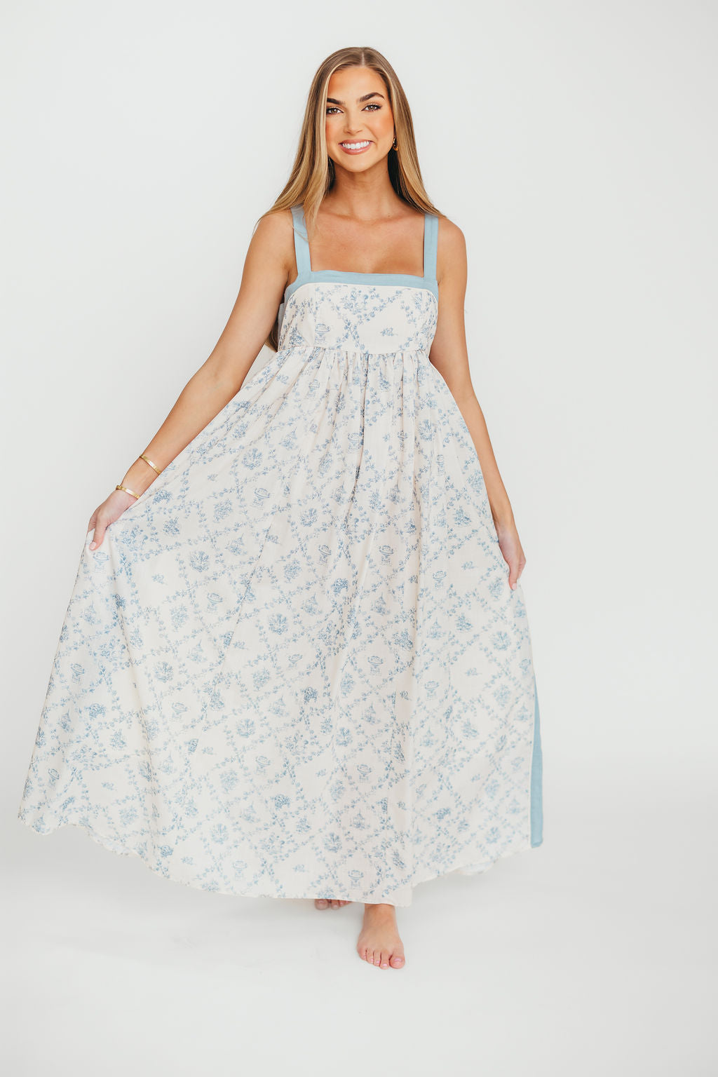 Lillian Toile Maxi Dress in French Blue - Floral Summer Midi Dress for Women, Perfect for Beach Vacations, Garden Parties & Date Nights
