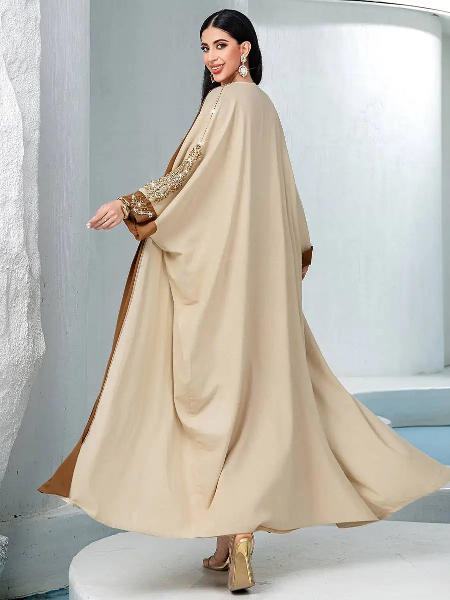 Hand-Stitched Rhinestone Embroidered Open Abaya Dress for Women | Elegant Muslim Prayer Dress | Perfect for Weddings, Parties & Special Occasions