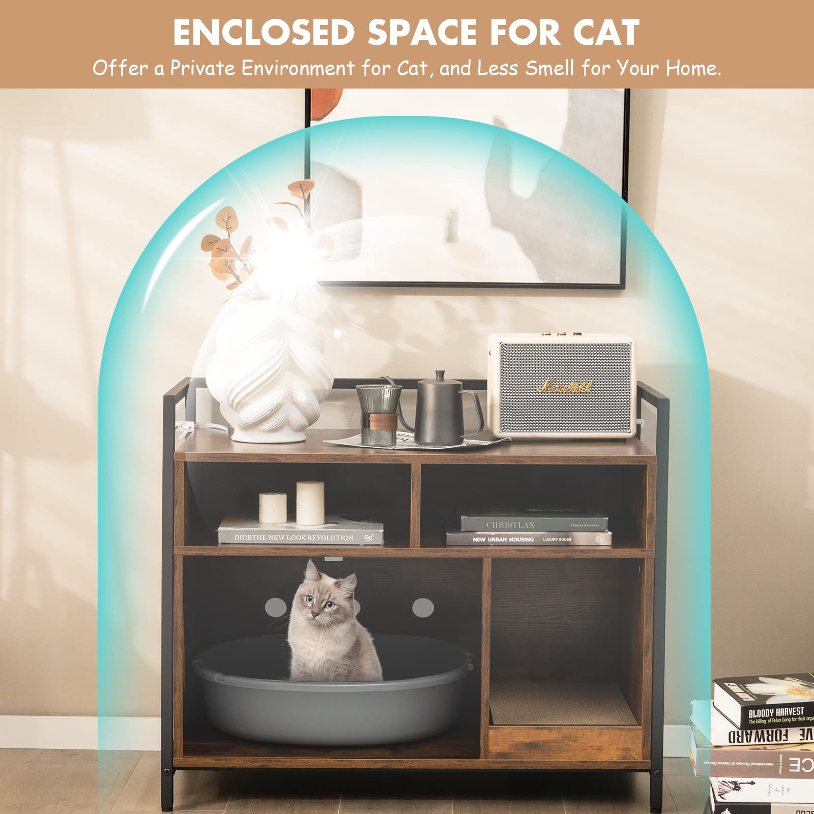 Giantex Cat Litter Box Enclosure Furniture - Hidden Washroom with Front Entry, Cat Scratcher & 2-Door Storage Cabinet | 2 Compartments, Air Vents, Metal Frame & Wooden Pet House (Rustic Brown) | Perfect for Small Spaces & Multi-Cat Homes