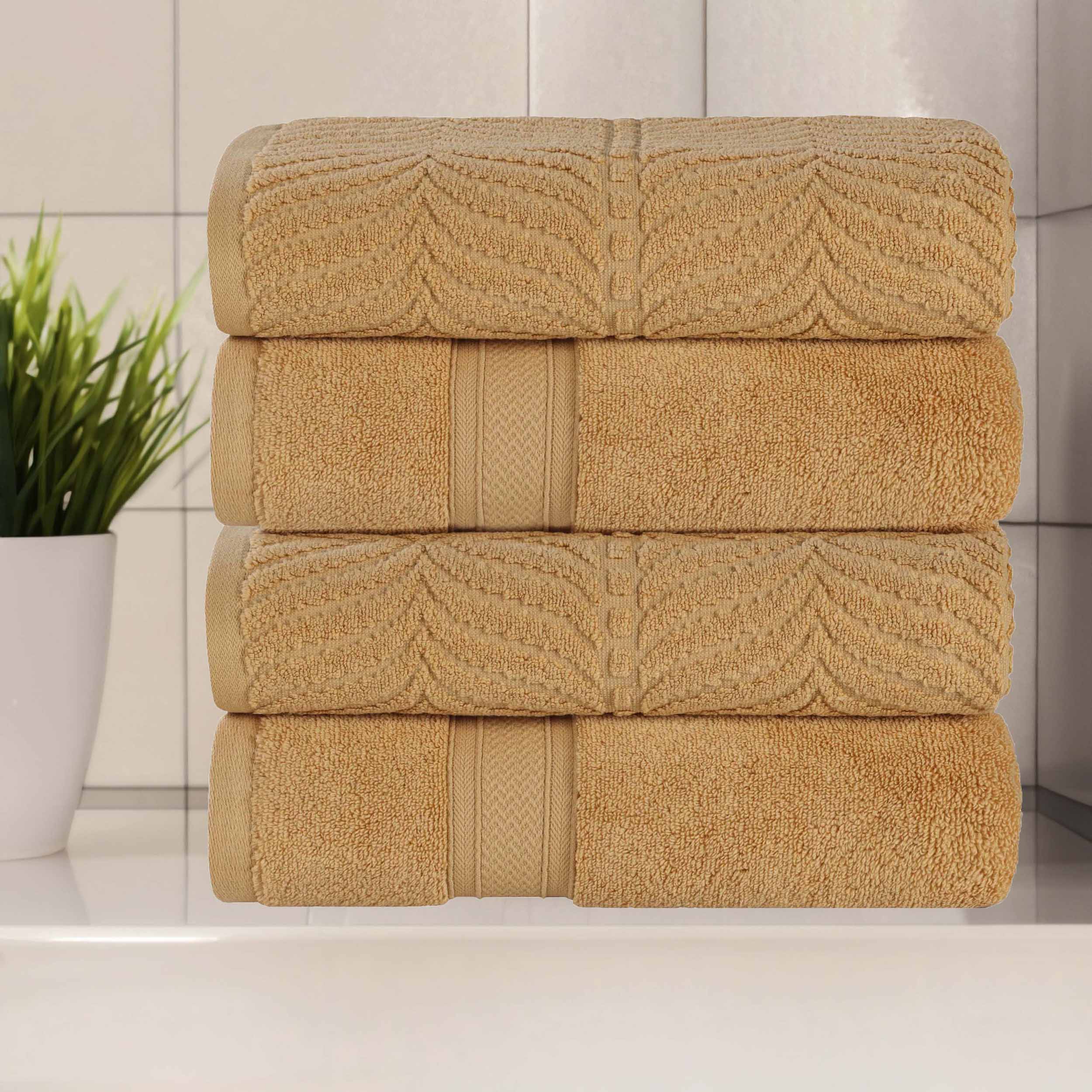 Premium Zero Twist Cotton Bath Towel Set of 4 - Soft & Absorbent Solid & Jacquard Chevron Design for Luxury Bathroom, Spa, and Guest Use