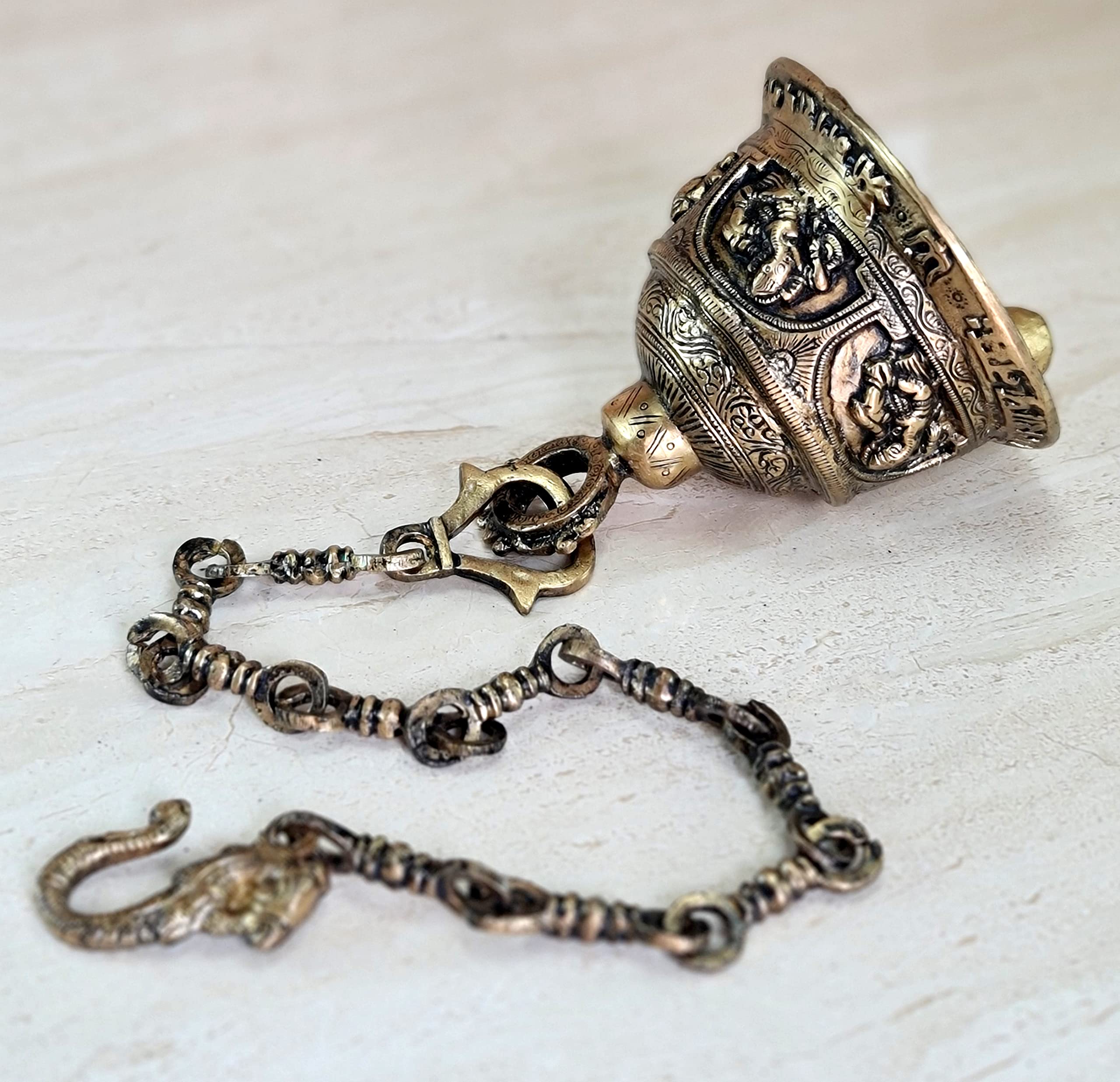 Handmade Ethnic Brass Ganesha Temple Bell with Chain - Spiritual Hindu Hanging Bell for Home Decor, Pooja Accessories & Meditation Spaces - Perfect for Yoga Rooms, Altars & Gift Giving