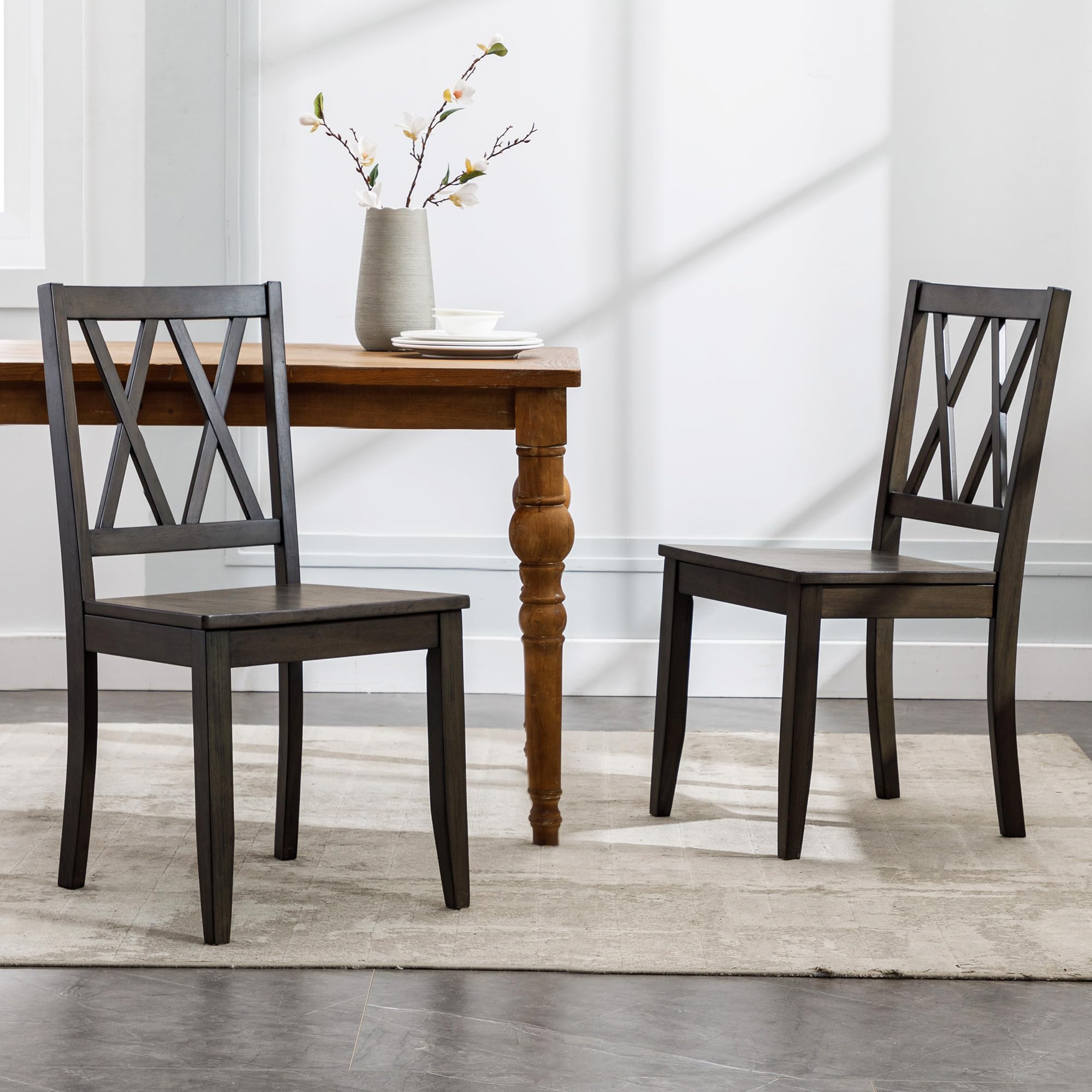 DUHOME Rubber Wood Dining Chairs Set of 2, Cross Back Natural Table Chairs with Grey Base, Perfect for Home Kitchen and Dining Room