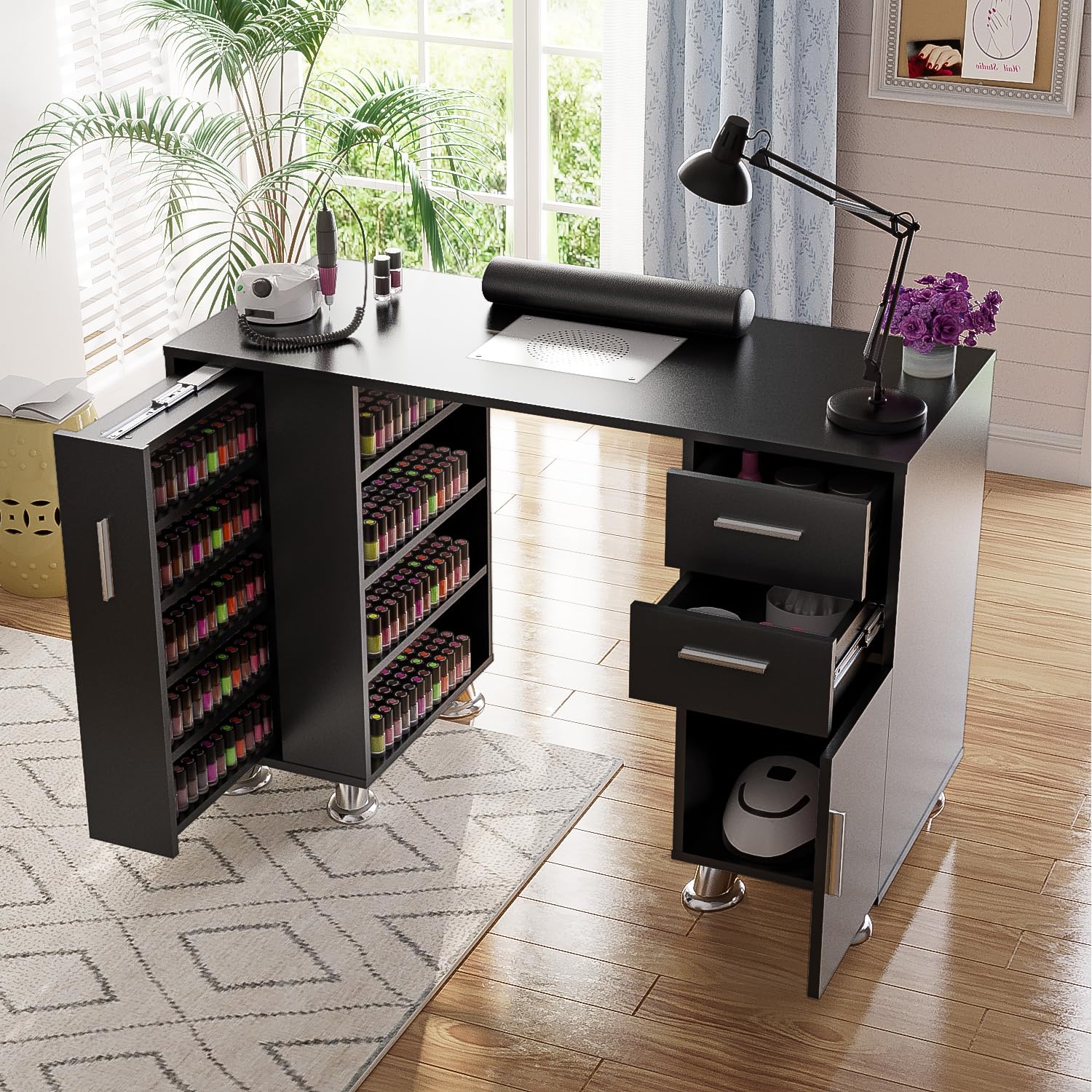 Professional Nail Tech Desk with Dust Collector - Acetone Resistant Manicure Table with 4 Dust Bags, Wrist Rest & Storage Drawers - Black Beauty Salon Workstation for Nail Artists & Home Manicures