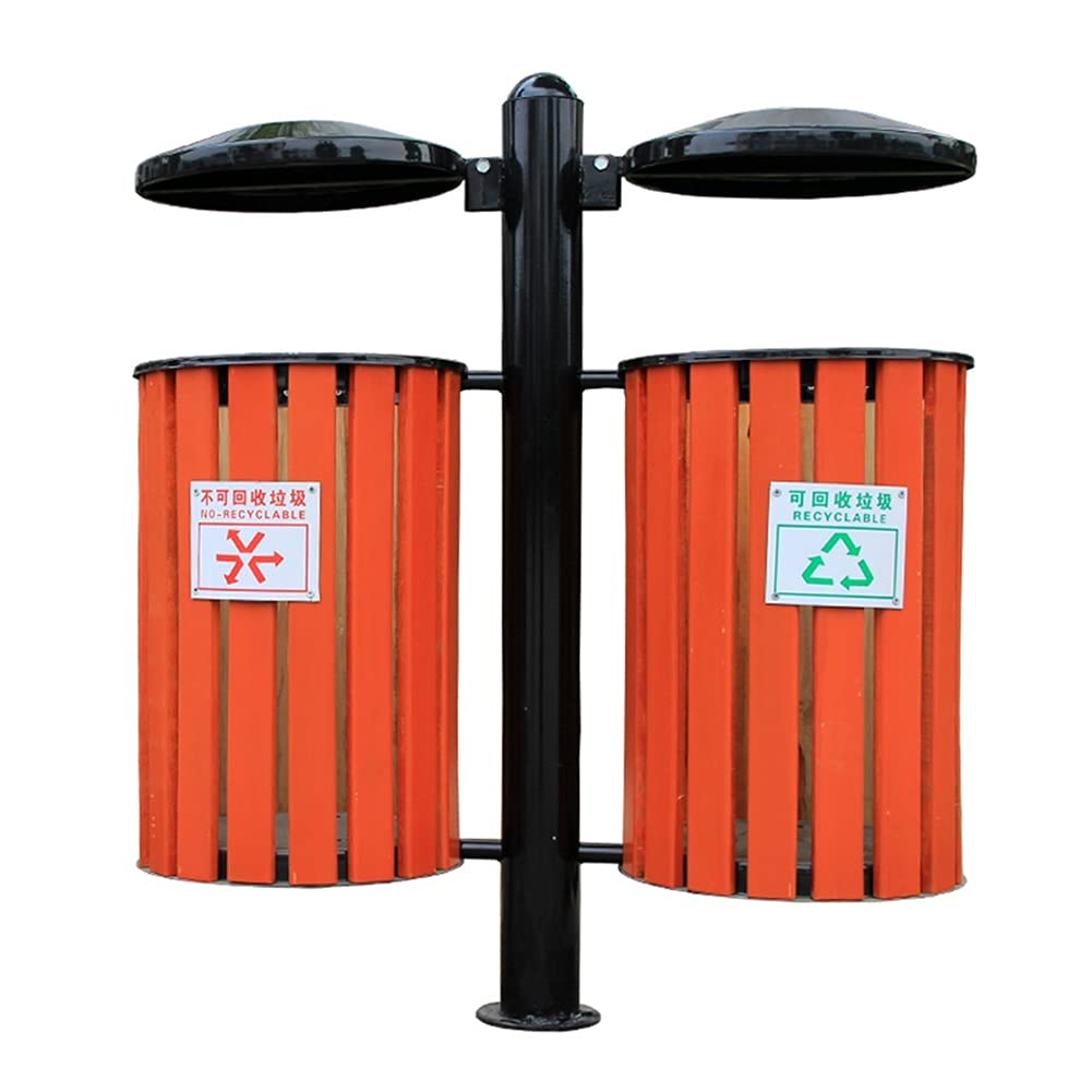 Steel Wood Trash Can with Lid - 2 Inner Buckets for Backyard & Patio