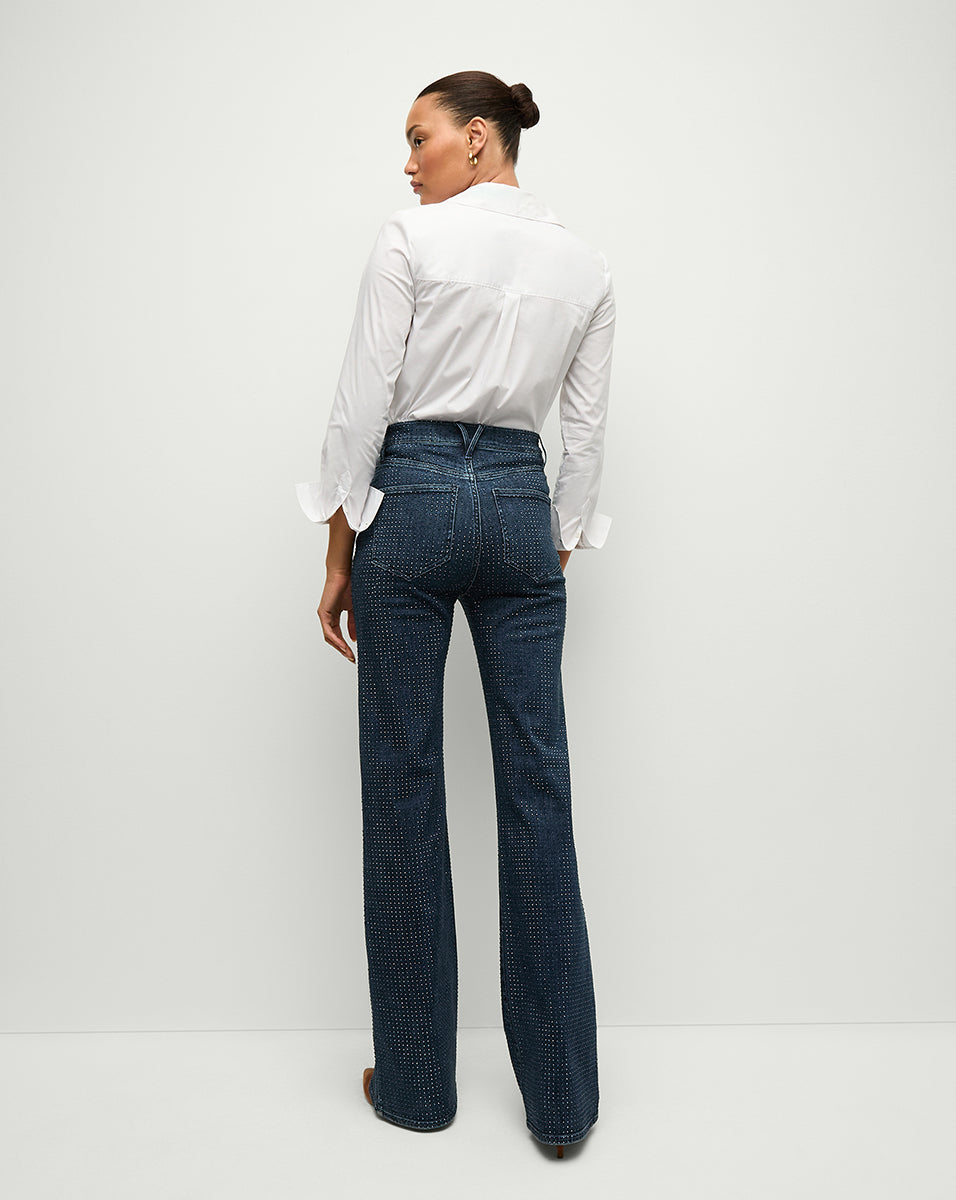 Stylish Women's Rhinestone Embellished Slim Wide Leg Jeans - Trendy High Waist Denim Pants for Casual Outings & Night Out