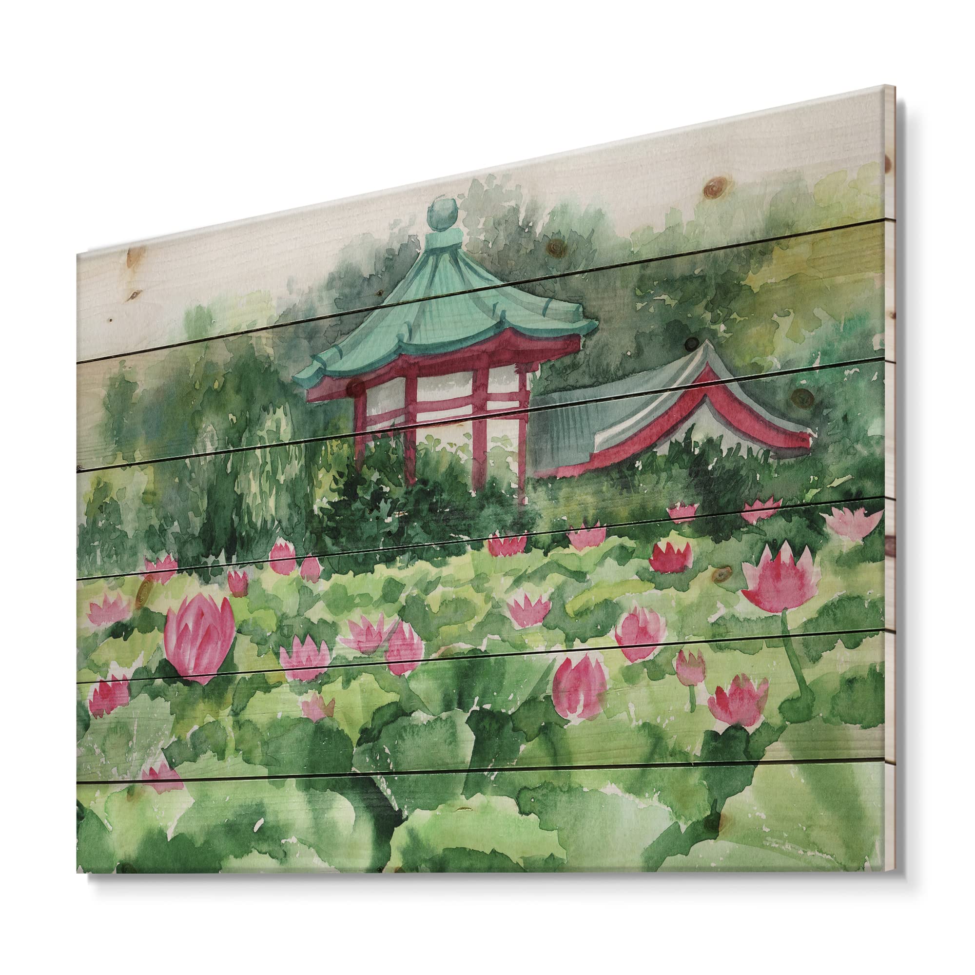 DesignQ Lotus Lake & Pagoda Traditional Wood Wall Decor - Large Floral Pine Wood Art Panel, Handcrafted Green Wood Wall Hanging for Living Room, Bedroom & Office Decor