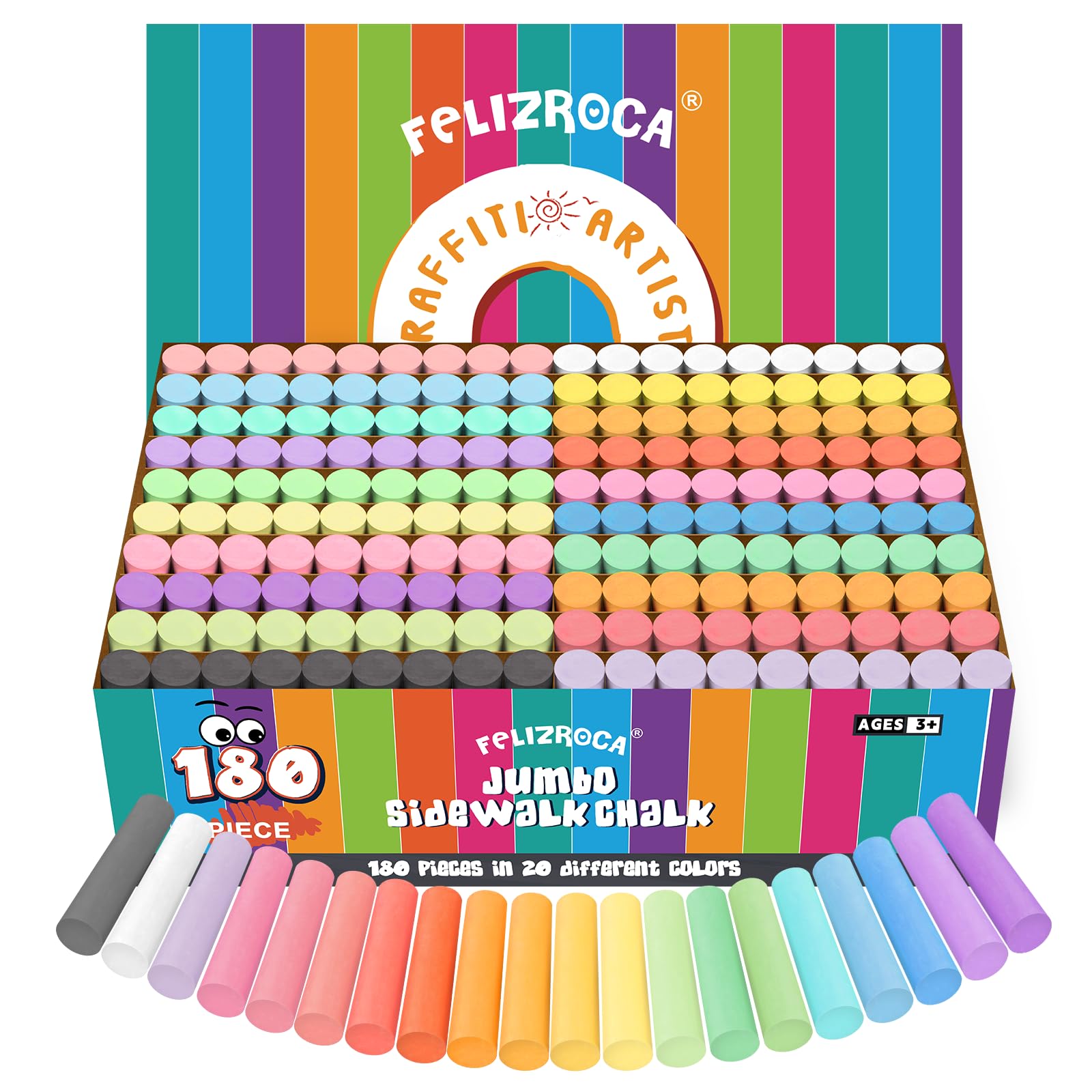 180PCS Washable Sidewalk Chalk Set - 20 Vibrant Colors, Non-Toxic Jumbo Chalks for Kids & Toddlers - Outdoor Pavement Drawing, Driveway Art, Birthday Party Activities & Summer Fun