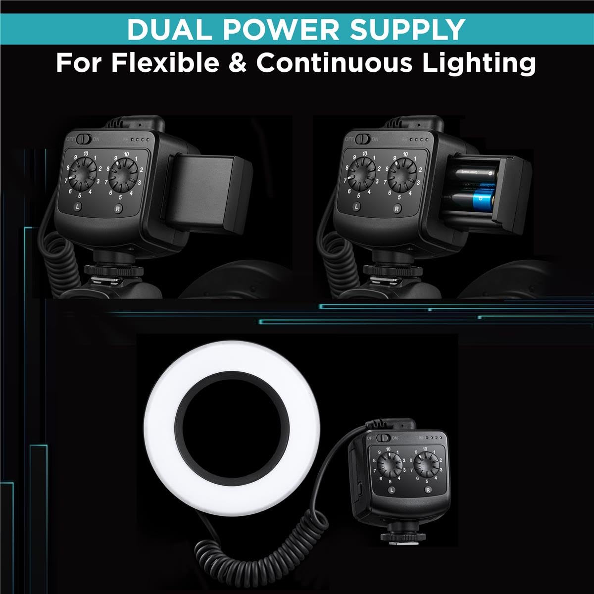 Flashpoint Ring72 Macro LED Ring Light for DSLR Cameras - Dual Power Supply (4X AA Batteries or Detachable Lithium Battery) with Separate Brightness Control - Perfect for Macro Photography, Close-Up Shots, Product Videos & Beauty Vlogging