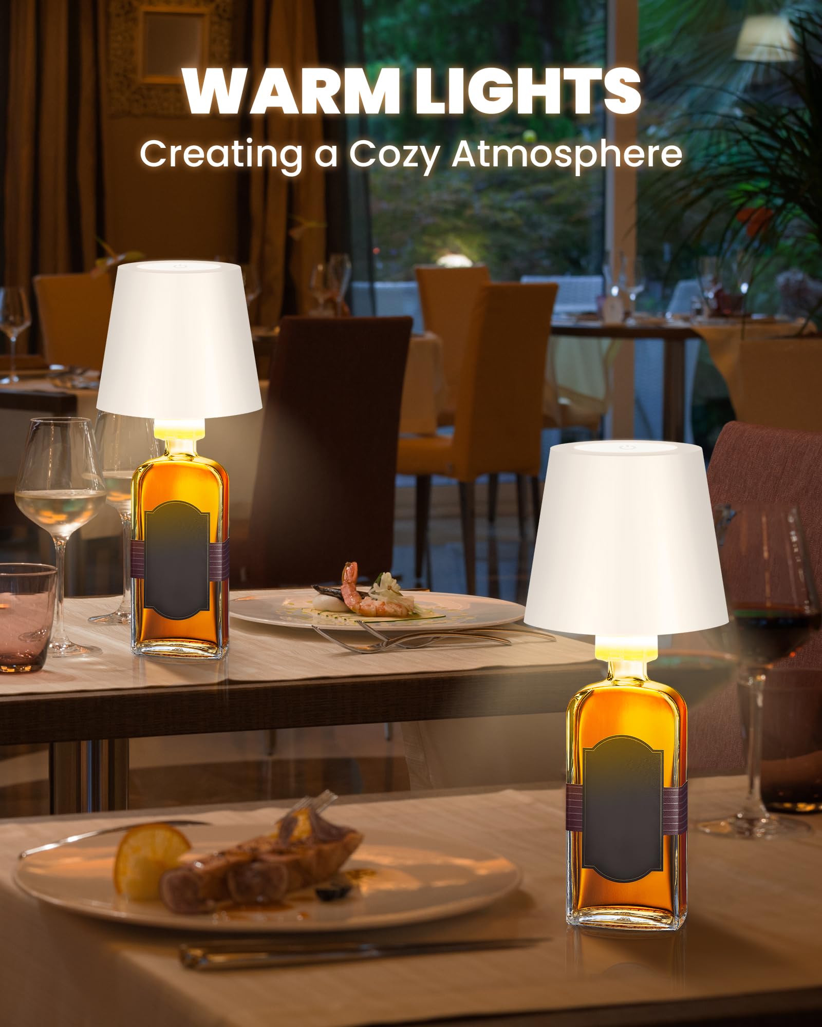 2Pack Cordless Table Lamp - Wireless Bottle Lamp with 3-Level Dimming, 5000mAh Rechargeable Battery, One-Touch Power Off, Waterproof LED Portable Desk Light for Bedroom, Bars, Camping, Outdoor (White) - Perfect for Night Reading, Parties & Emergency Lighting