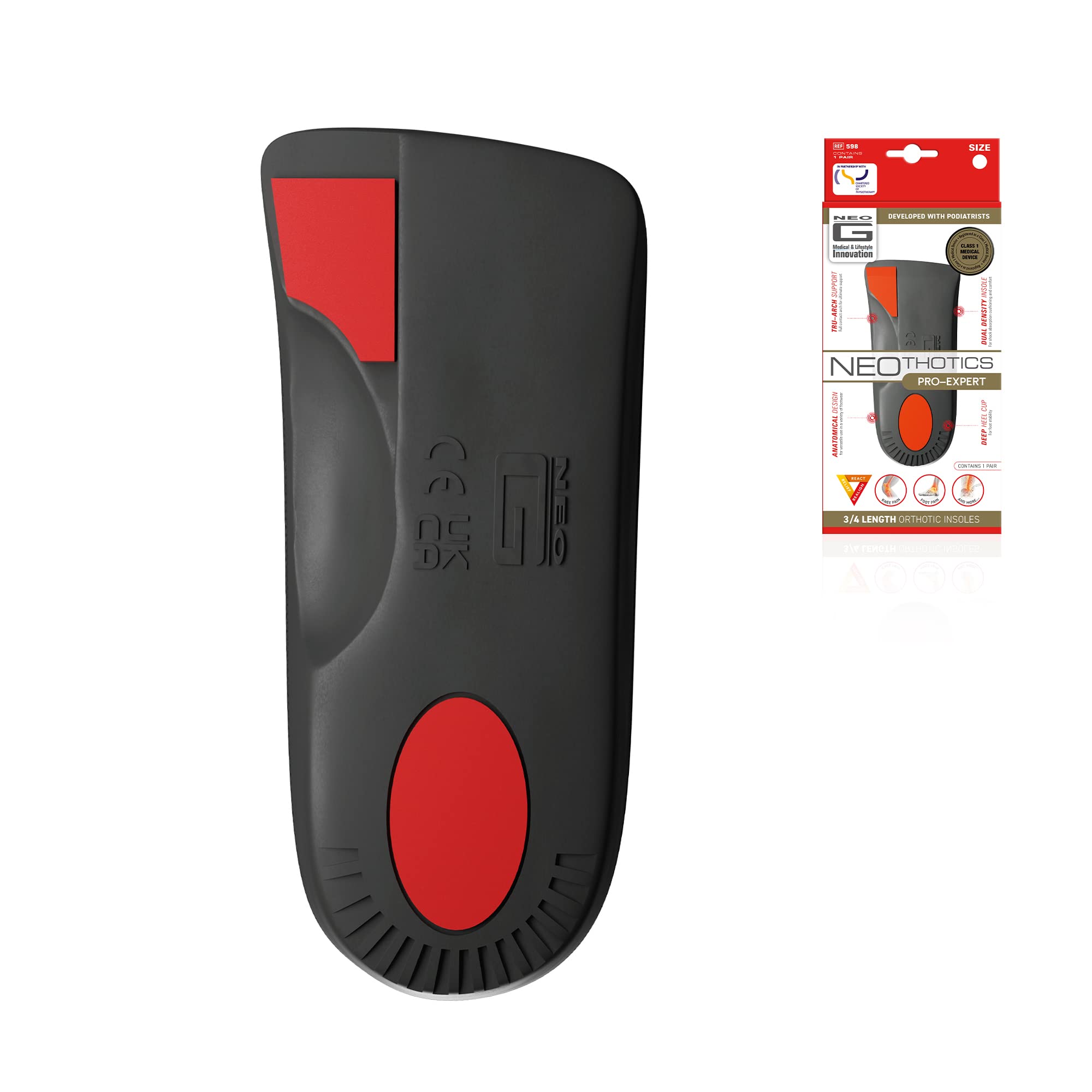 NeoThotics Pro-Expert Orthotic Insoles for Plantar Fasciitis & Achilles Tendonitis Relief - 3/4 Length Arch Support Inserts for Flat Feet, Heel Pain & Foot Pain - Breathable Shock Absorption (Black/Red) - Perfect for Running, Hiking & Work Shoes
