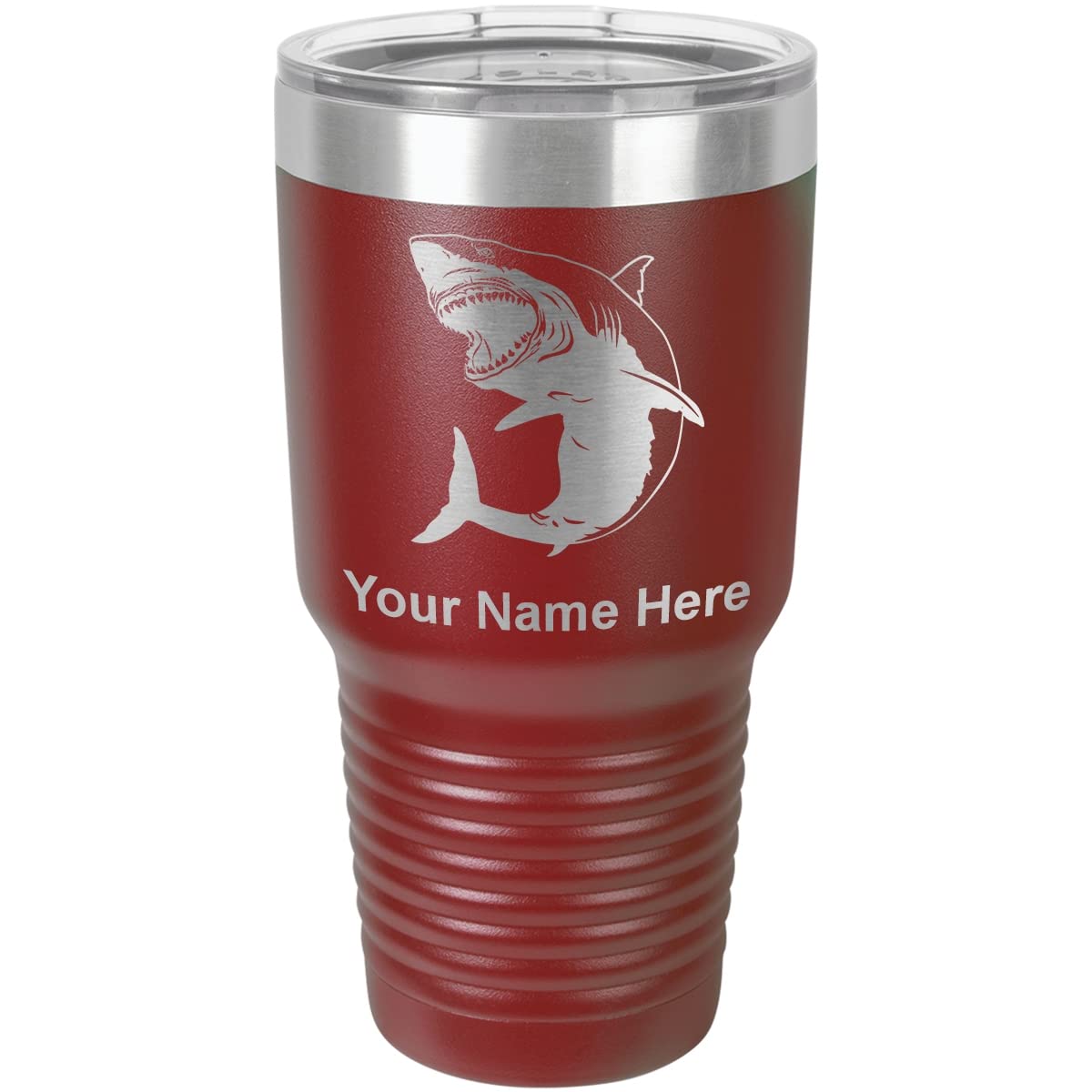LaserGram 30oz Vacuum Insulated Stainless Steel Tumbler Mug with Lid - Personalized Engraved Great White Shark Design (Maroon) - Keeps Drinks Hot/Cold for Hours - Perfect for Office, Gym, Travel & Outdoor Adventures