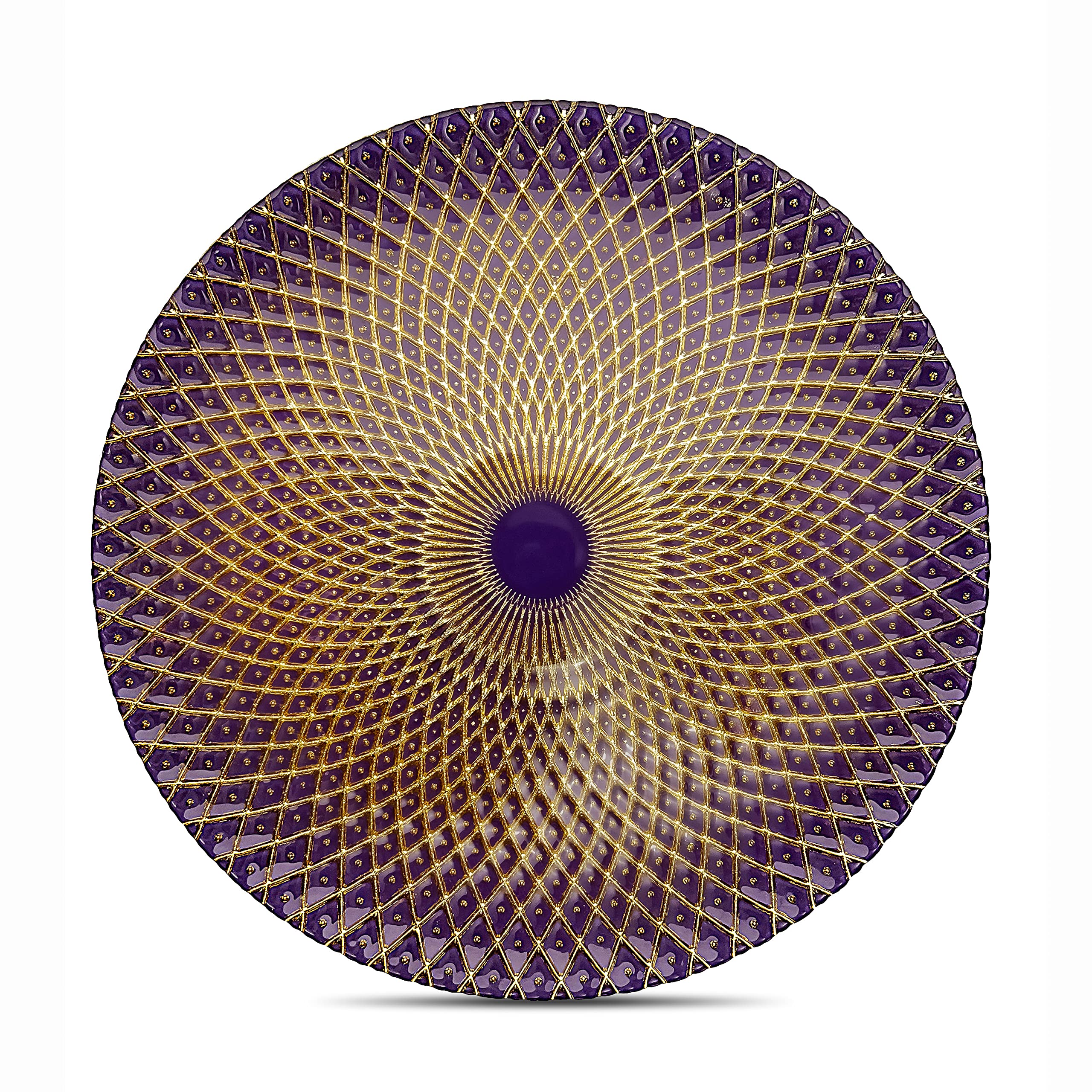 TigerChef 12-Inch Glass Charger Plates for Weddings & Formal Dining - Elegant Gold Purple Kaleidoscope Design - Set of 4 - Decorative Placemats for Table Settings, Dinner Parties & Special Events