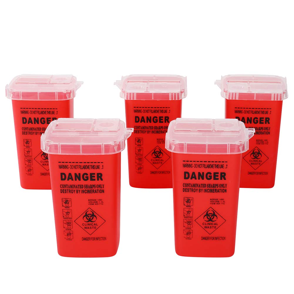 5 Pack 1 Quart Sharps Disposal Containers - Safe Needle Disposal Bins for Home, Clinic & Hospital Use - FDA Compliant Medical Waste Containers for Syringes, Lancets & Medical Sharps