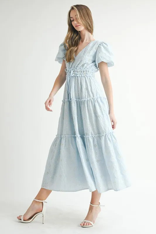 Light Blue Puff Sleeve V-Neck Midi Summer Dress - Flowy Casual Sundress for Beach, Vacation & Date Night