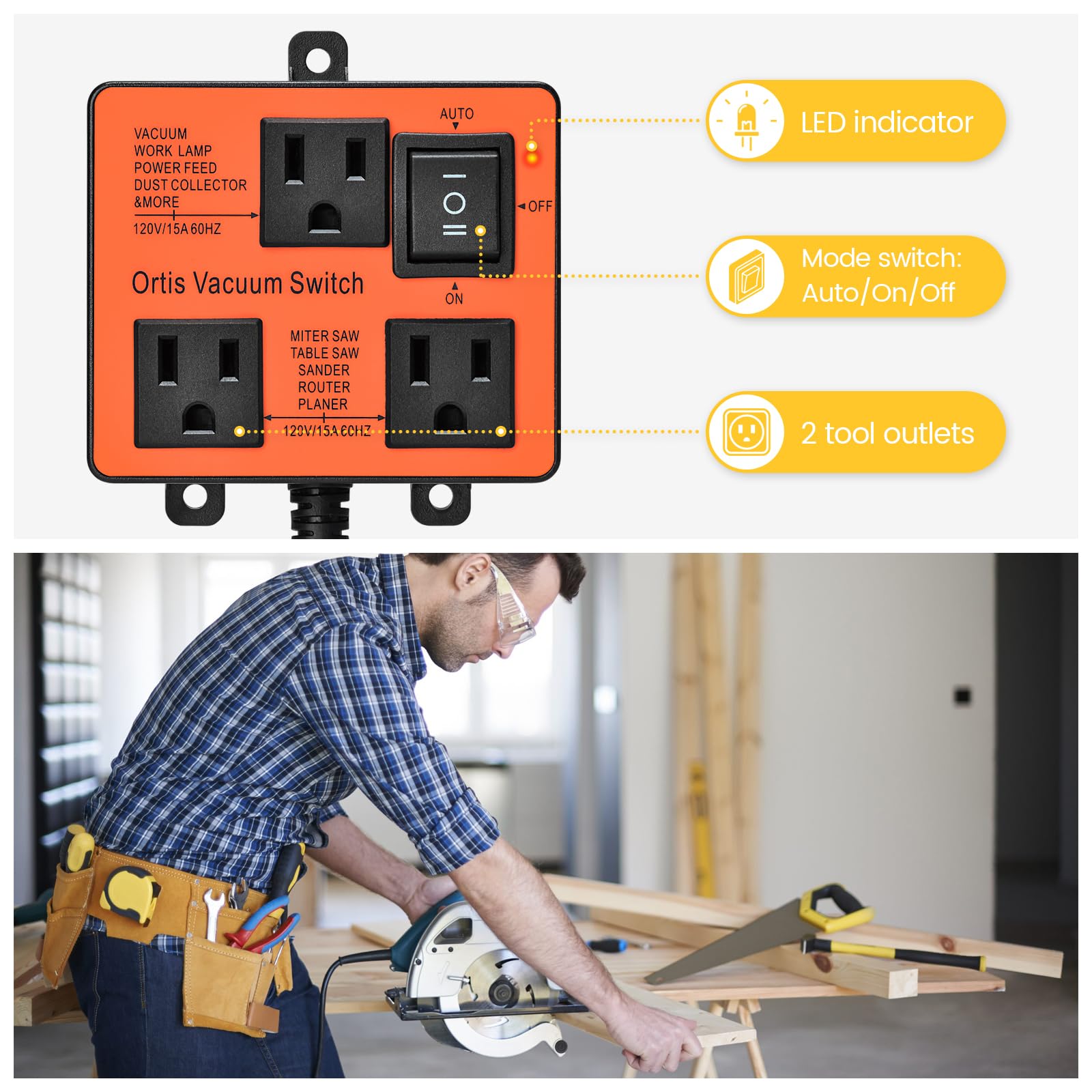 Ortis Automatic Vacuum Switch for Power Tools - Delayed On/Off to Prevent Circuit Overload & Tripping - Keep Workspace Clean & Improve Air Quality - Ideal for Woodworking, Construction, and DIY Projects