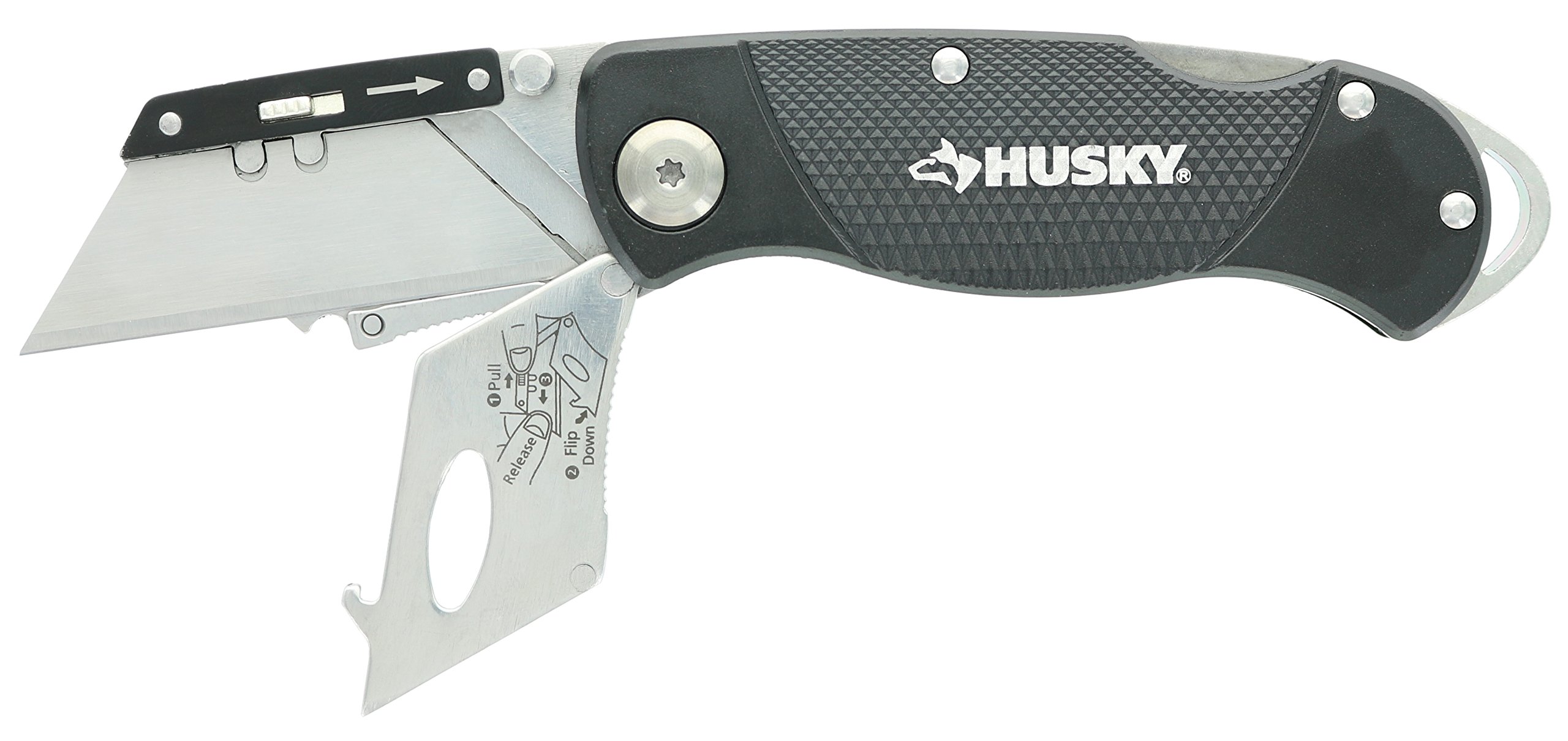 Husky Folding Utility Knife 3-Pack - Heavy Duty Lock Back Pocket Knives with Sure-Grip Handle & Blades Included - Perfect for Construction, DIY Projects, and Outdoor Activities (Colors May Vary)