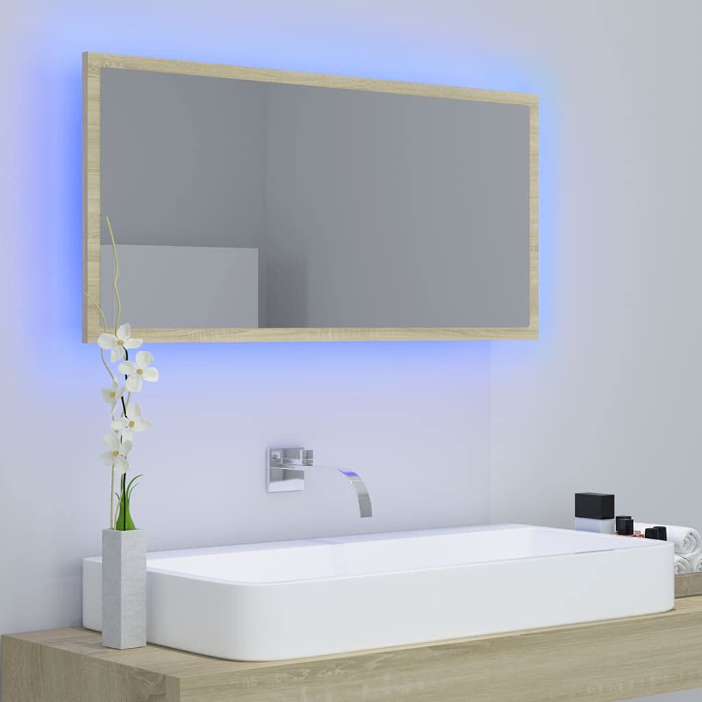 LED Bathroom Mirror with Lights - Acrylic Vanity Mirror for Makeup, Wall Mounted Decorative Mirror, Sonoma Oak Finish, 35.4