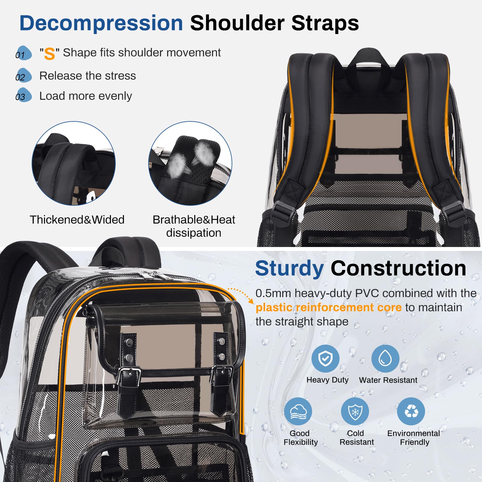 Clear Heavy Duty PVC Transparent Backpack - See Through Bookbag for Stadium, College, Work & Travel - Durable Waterproof School Bag for Men & Women - Perfect for Concerts, Airports & Security Checks