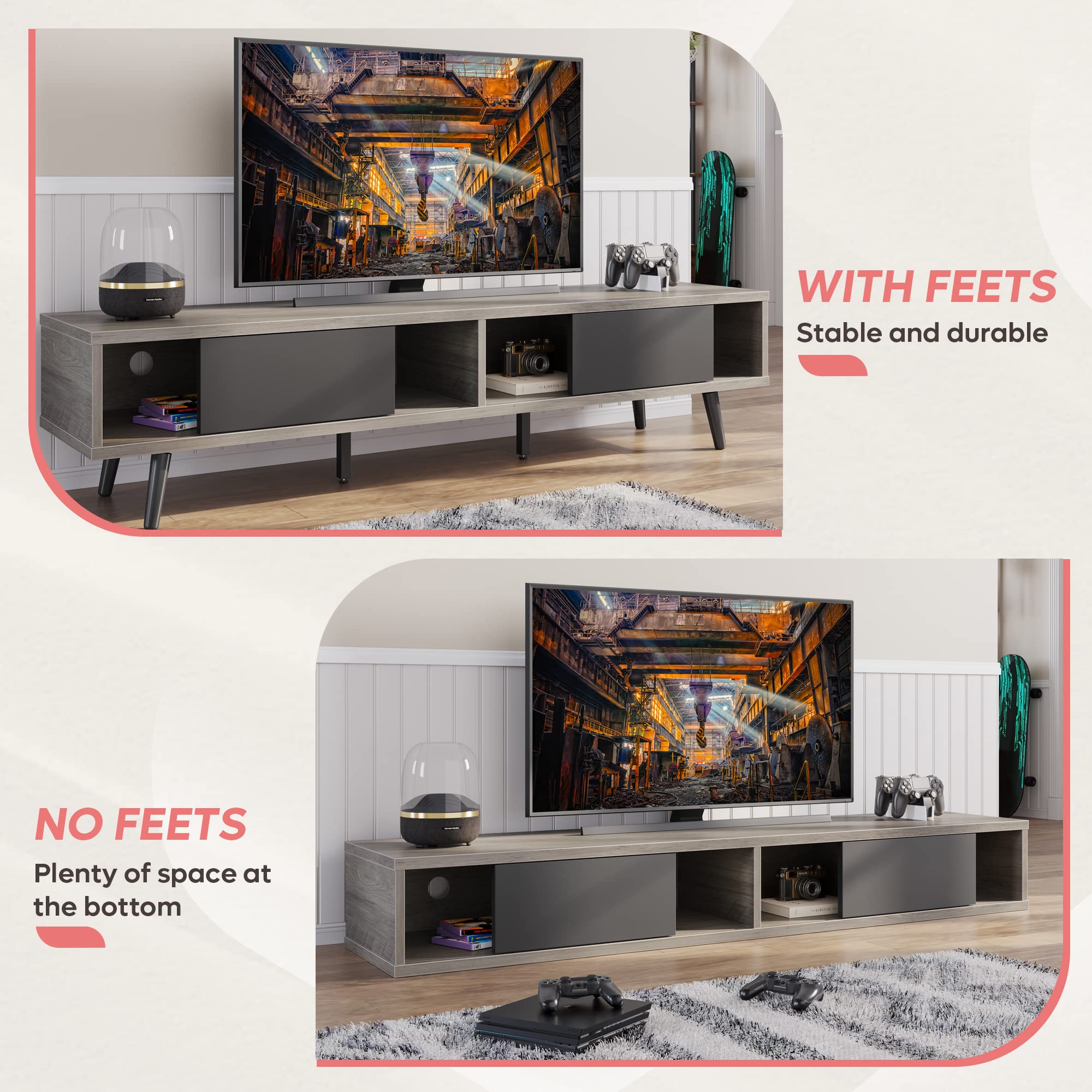 Bestier 70 Inch Modern TV Stand for 75 Inch TVs - Low Profile Entertainment Center with Storage & Cord Management - Gray Wash - Perfect for Living Room, Bedroom & Home Theater Setup