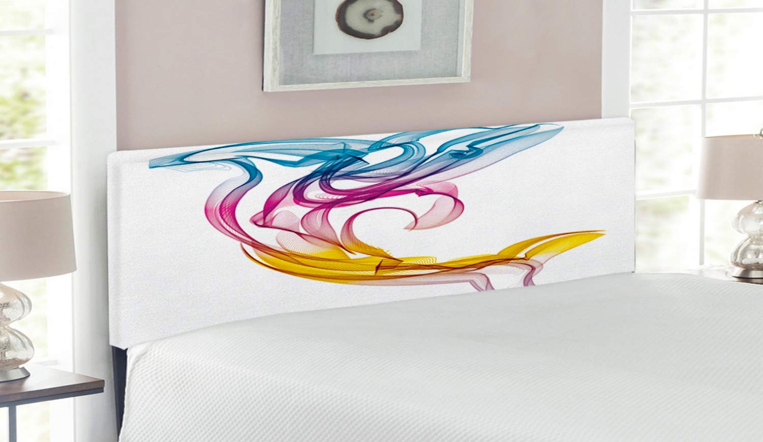 Ambesonne Sea Animals Upholstered Headboard - Dolphin & Ornamental Abstract Art Design, Decorative Metal Bed Frame with Memory Foam (Queen Size, Multicolor) - Perfect for Coastal & Nautical Themed Bedrooms