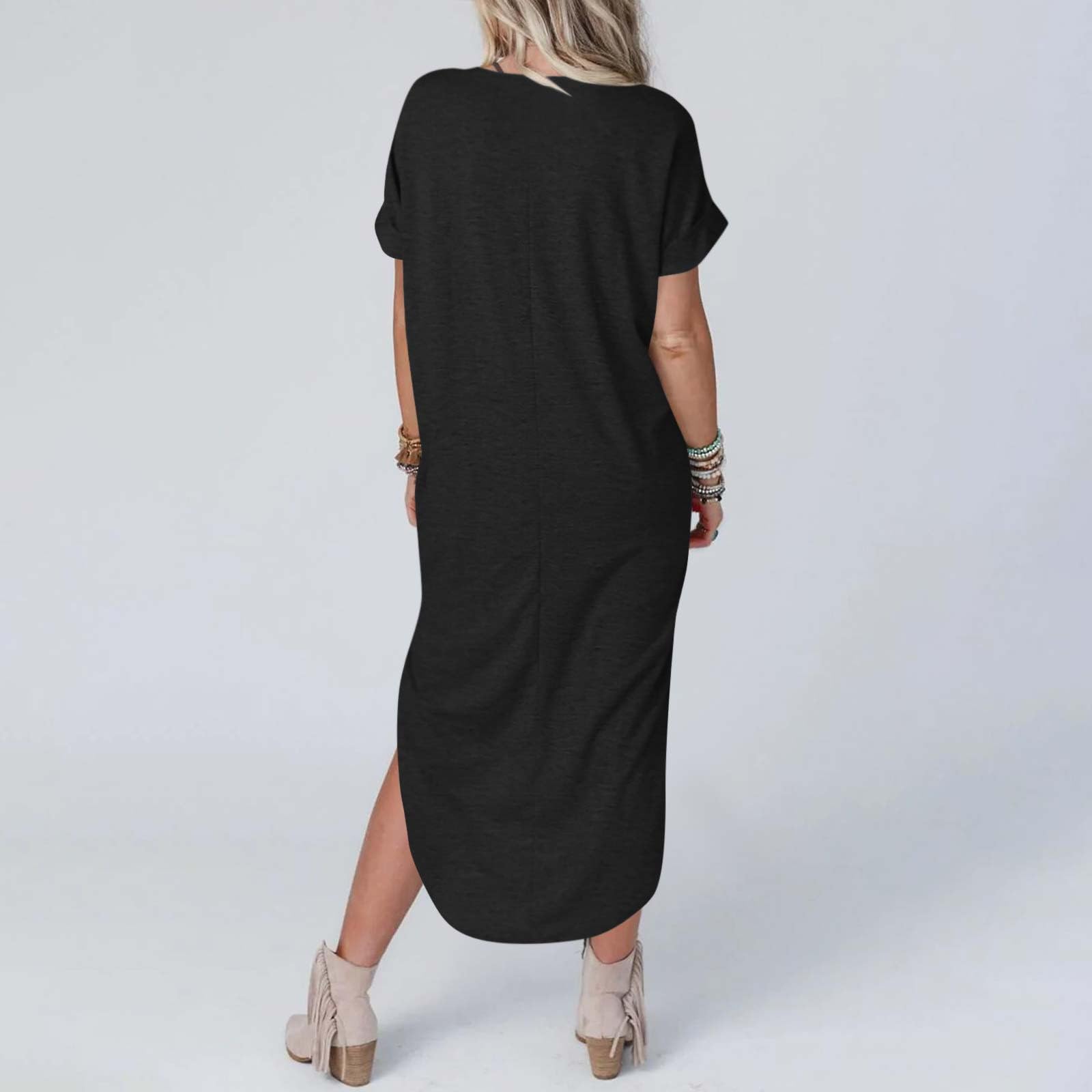 Women's Short Sleeve Maxi Dress with Pockets - 2025 Summer Casual Loose Long Split Beach Dress | Perfect for Vacation, Travel & Outdoor Activities