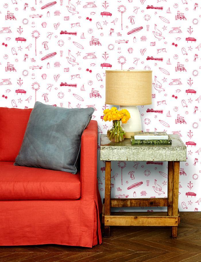 Nathan Turner 'Malibu' Wallpaper - Red on White Design for Coastal & Boho Home Decor