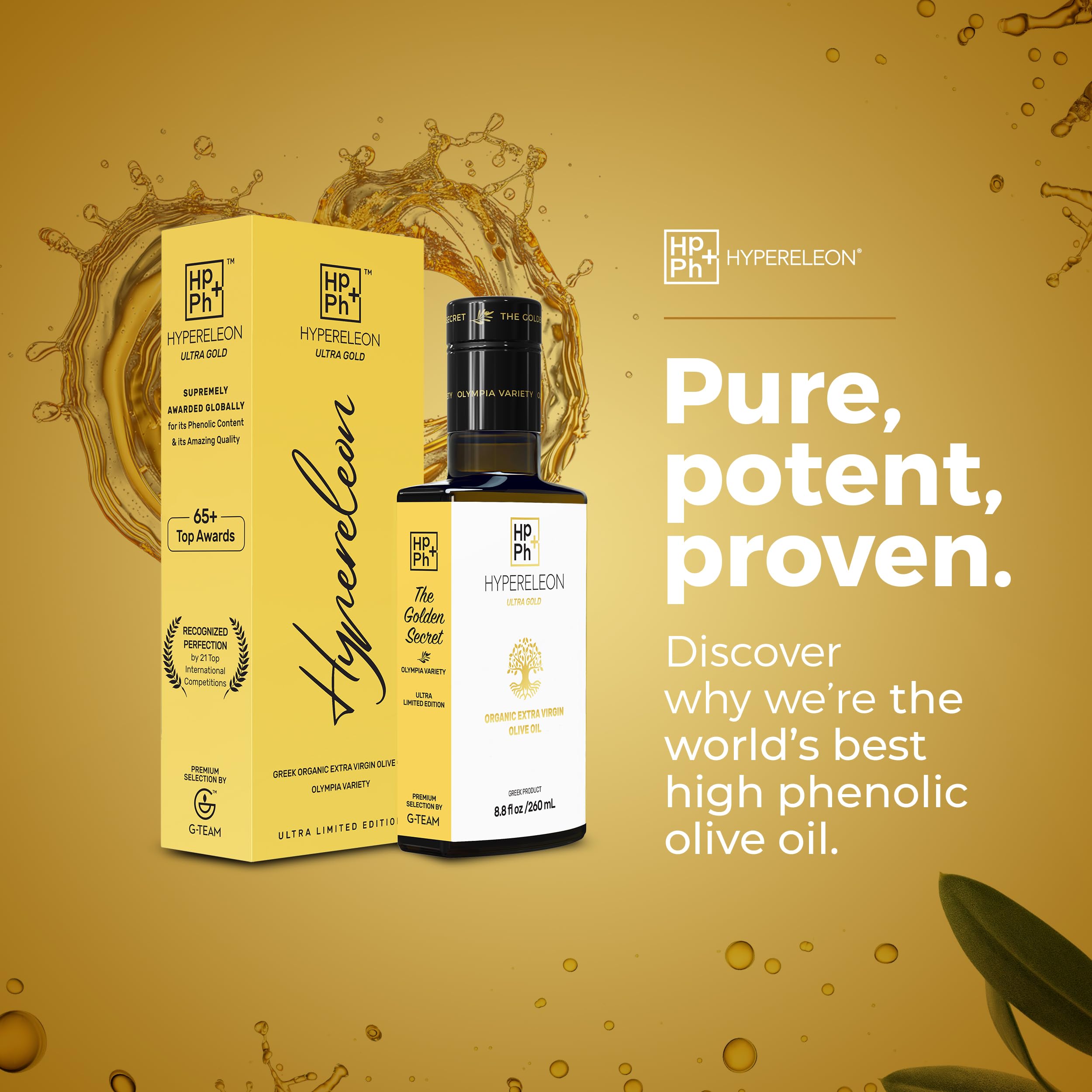 HYPERELEON ULTRA GOLD Premium Organic Greek Extra Virgin Olive Oil - 100% Pure, Natural, Unfiltered & Rich in Polyphenols - Award-Winning (95 Global Awards) - 260ml Bottle - Perfect for Salad Dressing, Cooking & Healthy Diets