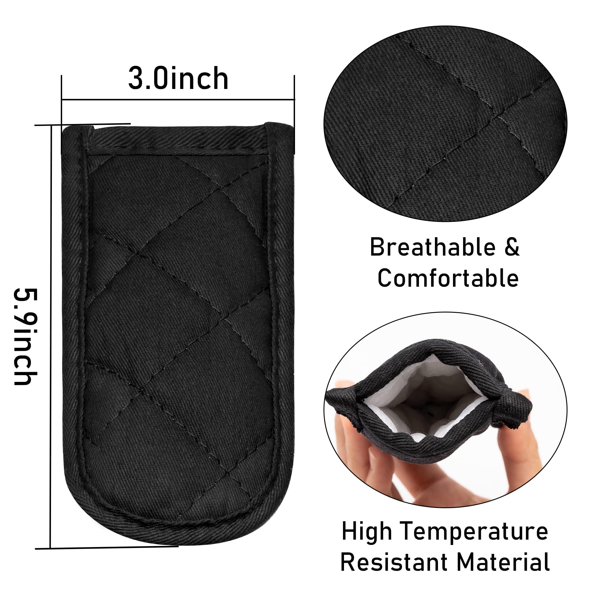 6Pcs Heat Resistant Pot Handle Covers - Black Cotton Skillet Sleeves for Cast Iron Cookware | Non-Slip, Machine Washable Kitchen Mitts | Perfect for Baking, Cooking, BBQ & Stovetop Safety
