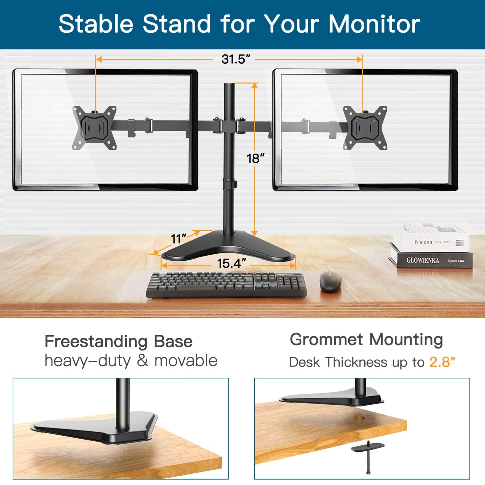 HUANUO Dual Monitor Stand for 13-32 Inch Screens with Heavy-Duty Base & Single Monitor Arm for 22-35 Inch Ultrawide - Perfect for Home Office, Gaming Setup, and Workspace Organization