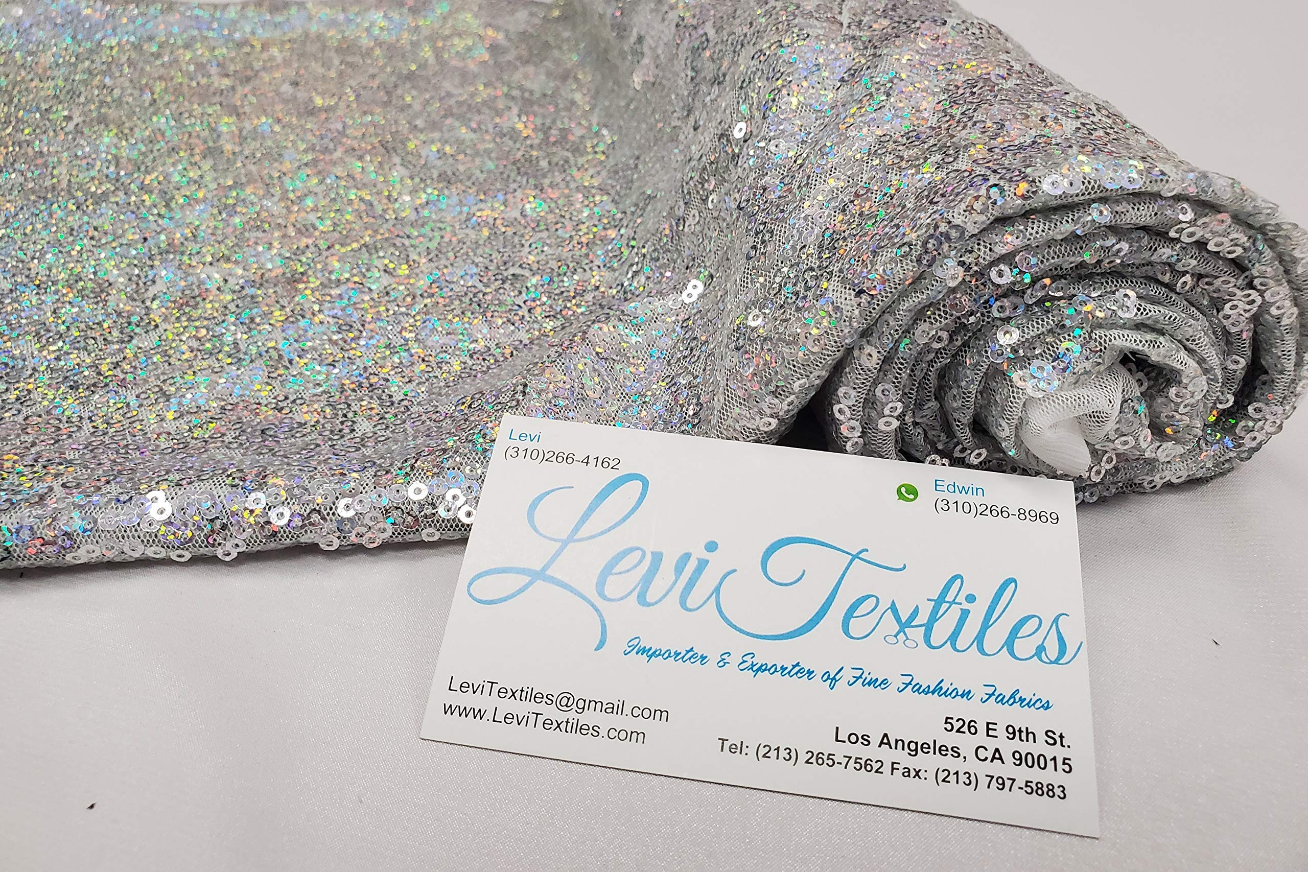 Levi Textiles 3 Feet Iridescent Sequin Fabric by The Yard - Hologram Silver Tablecloth, Linen, Table Runner & Photo Booth Backdrop for Weddings, Parties & Home Decor