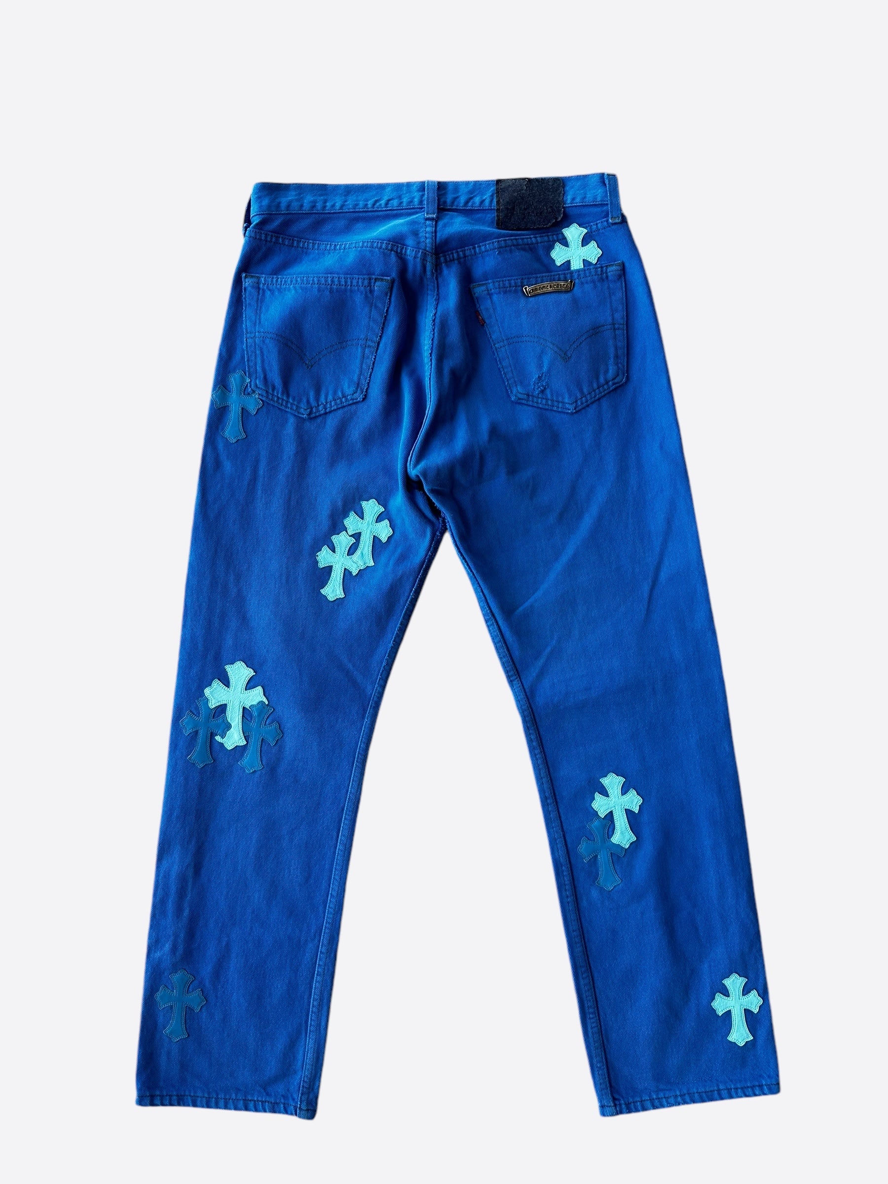 Chrome Hearts x Levi's Blue Dyed Cross Patch Jeans for Men - Stylish Distressed Denim Pants for Casual Wear & Street Fashion
