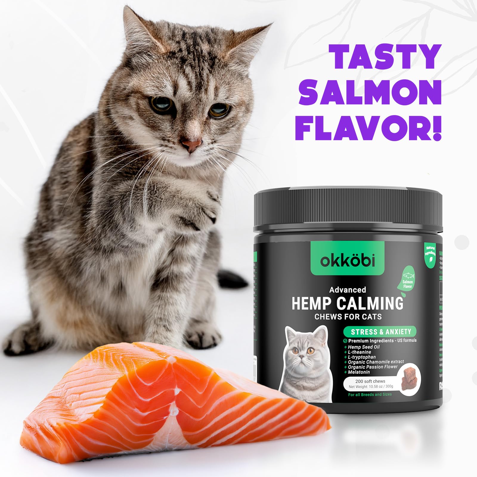 Organic Hemp Calming Chews for Cats - 200 Count Natural Anxiety Relief Treats with Melatonin - Stress, Travel, Vet Visits & Grooming Support - Soothing Cat Calming Snacks for Nervous Pets - Perfect for Multi-Cat Households & Anxious Felines