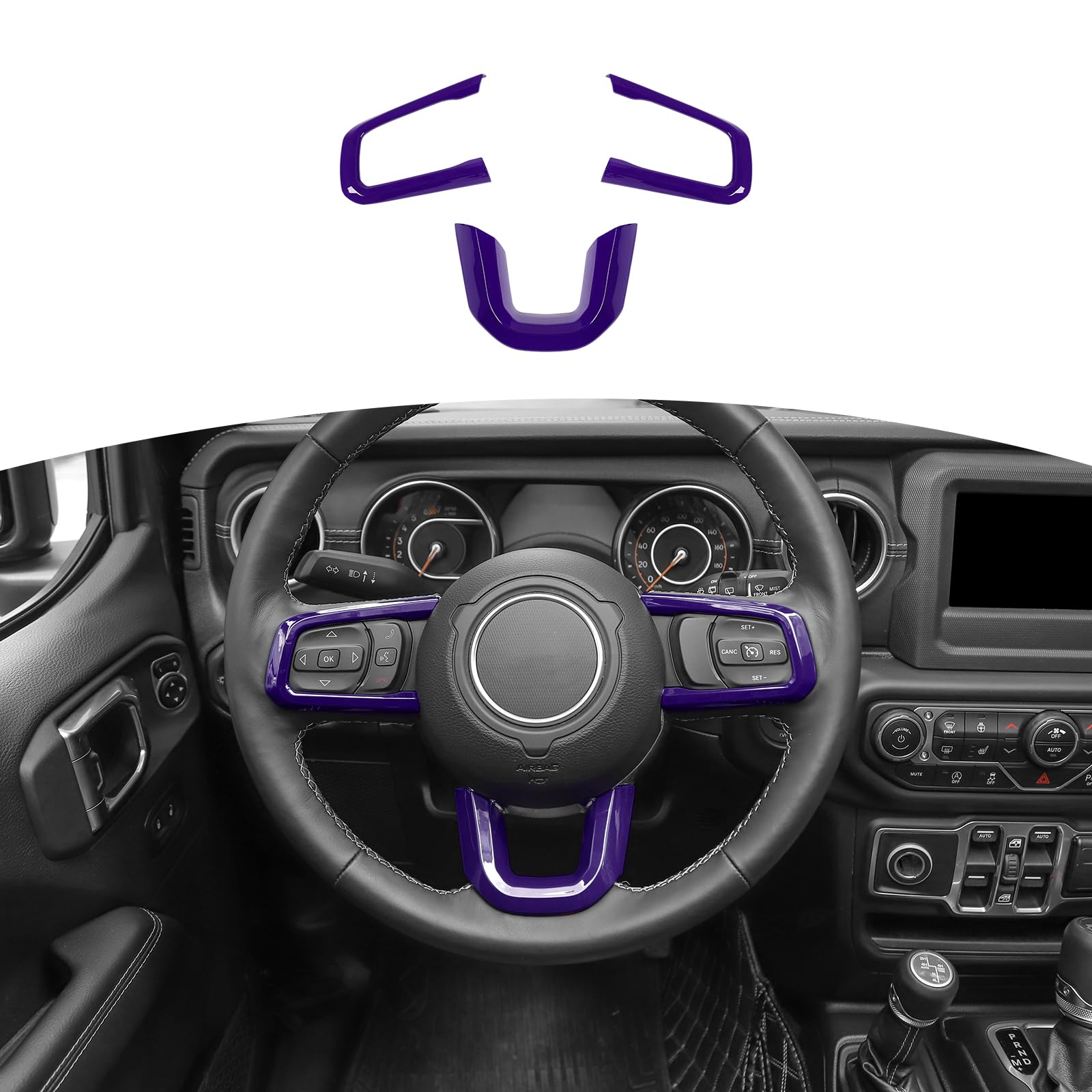 RT-TCZ Purple Steering Wheel Trim Decal Panel for Jeep Wrangler JL JLU & Gladiator JT (2018-2024) - 3-Piece Interior Accessories Kit - Upgrade Your Ride with Stylish Purple Accents