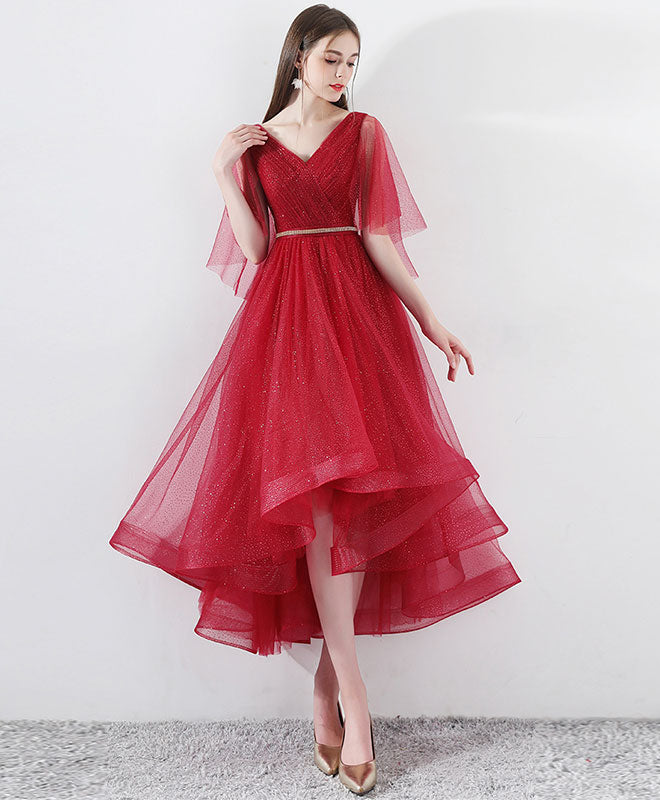 Elegant Burgundy Tulle High-Low Prom Dress & Evening Gown for Women - Perfect for Homecoming, Formal Dances, and Special Occasions