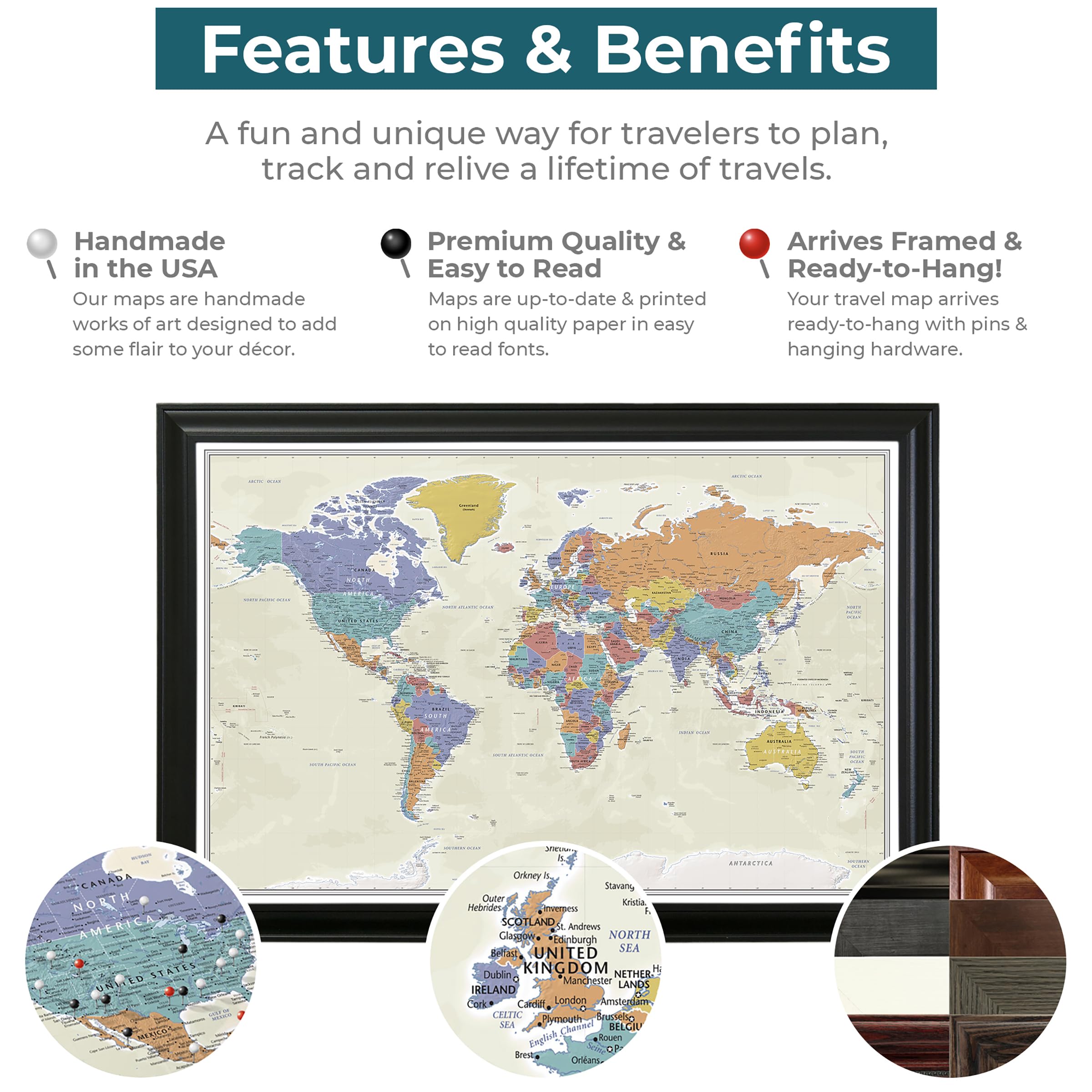 Push Pin Travel Map - Tan Oceans World Map with Barnwood Gray Frame - 27.5